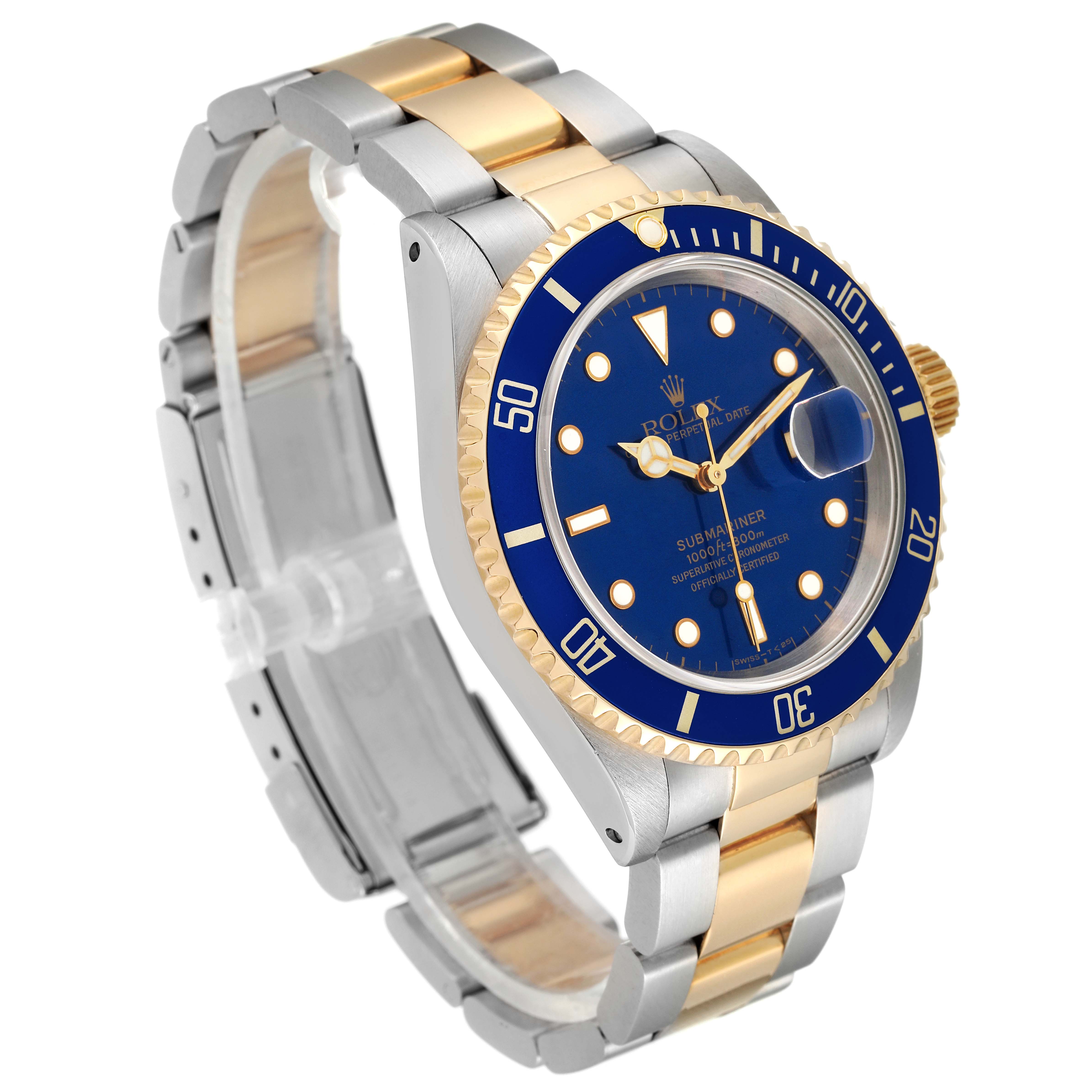 The image shows a side angle of a Rolex Submariner 16613 Men
s Steel and Gold (two tone) Blue Dial 16613 Men
s Steel and Gold (two tone) Blue Dial watch, highlighting its blue dial, bezel, and two-tone metal bracelet.