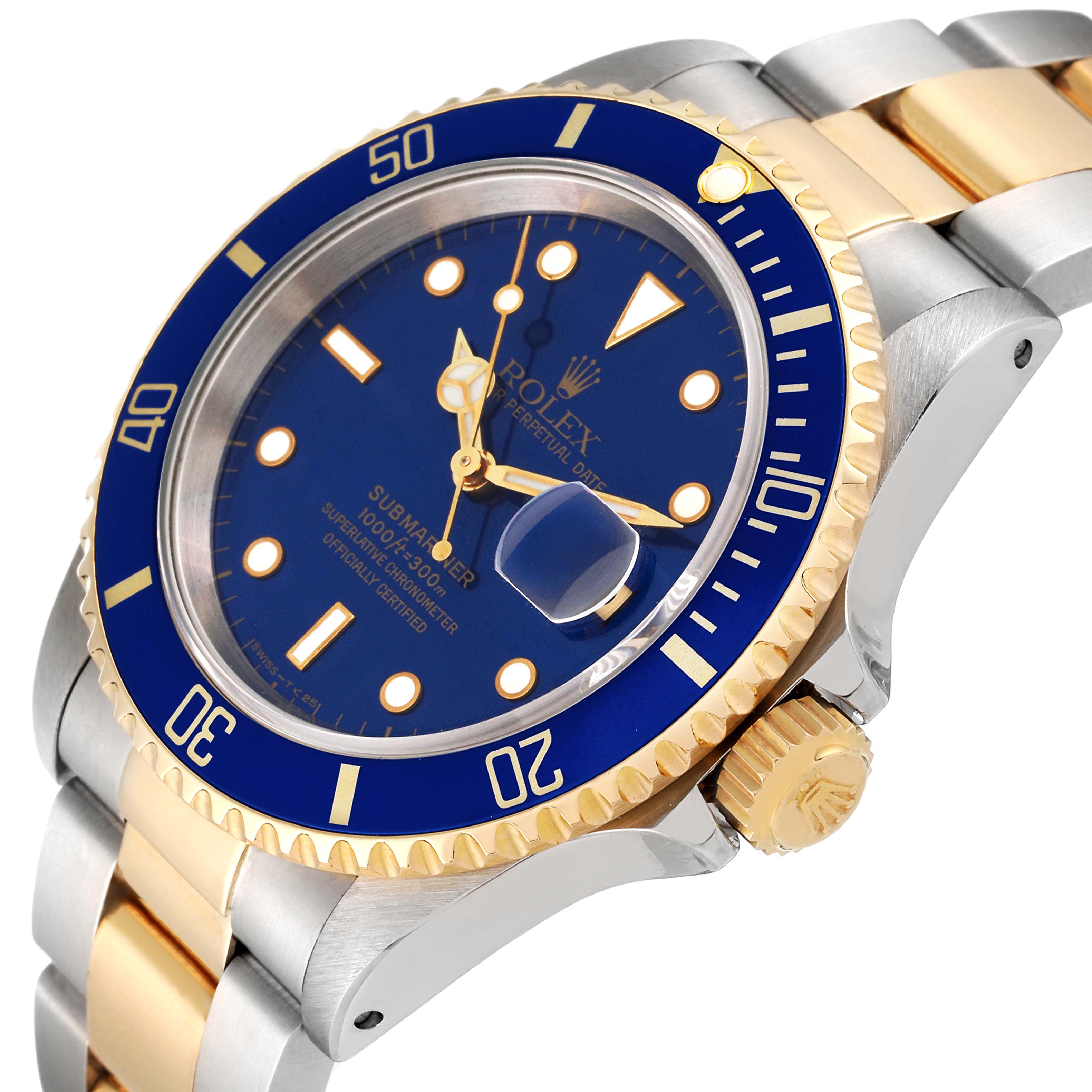 The image shows a Rolex Submariner 16613 Men
s Steel and Gold (two tone) Blue Dial 16613 Men
s Steel and Gold (two tone) Blue Dial watch from an angled side view, highlighting the blue dial, gold-accented bezel, crown, and bracelet.