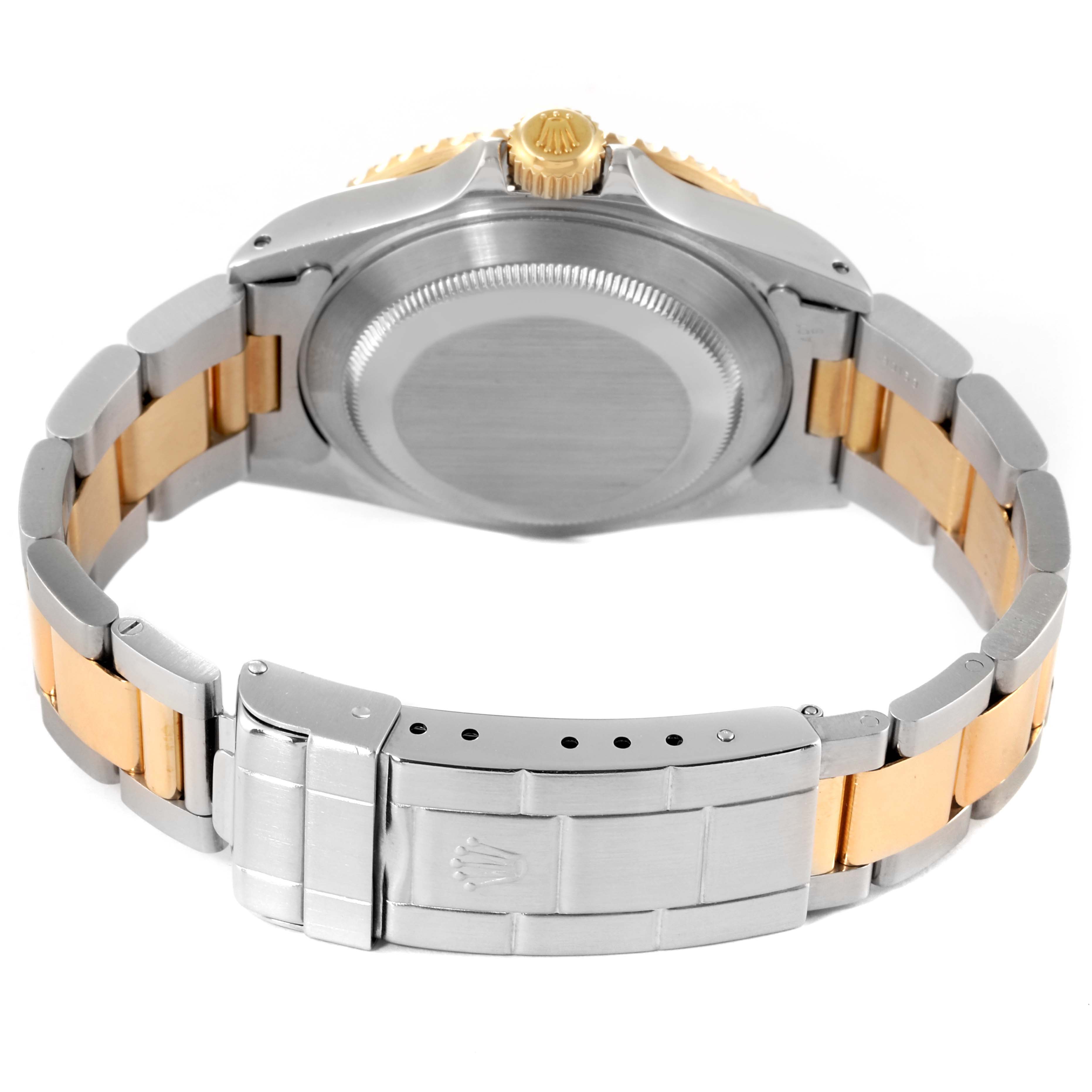 This image shows the back, crown, and clasp of a Rolex Submariner 16613 Men
s Steel and Gold (two tone) Blue Dial 16613 Men
s Steel and Gold (two tone) Blue Dial watch, highlighting its two-tone bracelet.