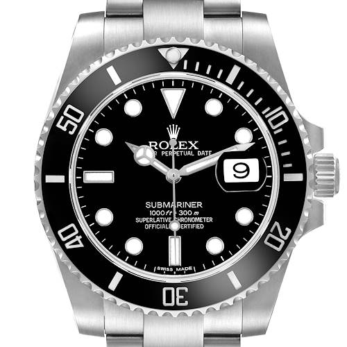 The image shows a front view of the Rolex Submariner M116610LN-0001 Men's Stainless Steel Black Dial, displaying the bezel, dial, and crown clearly.