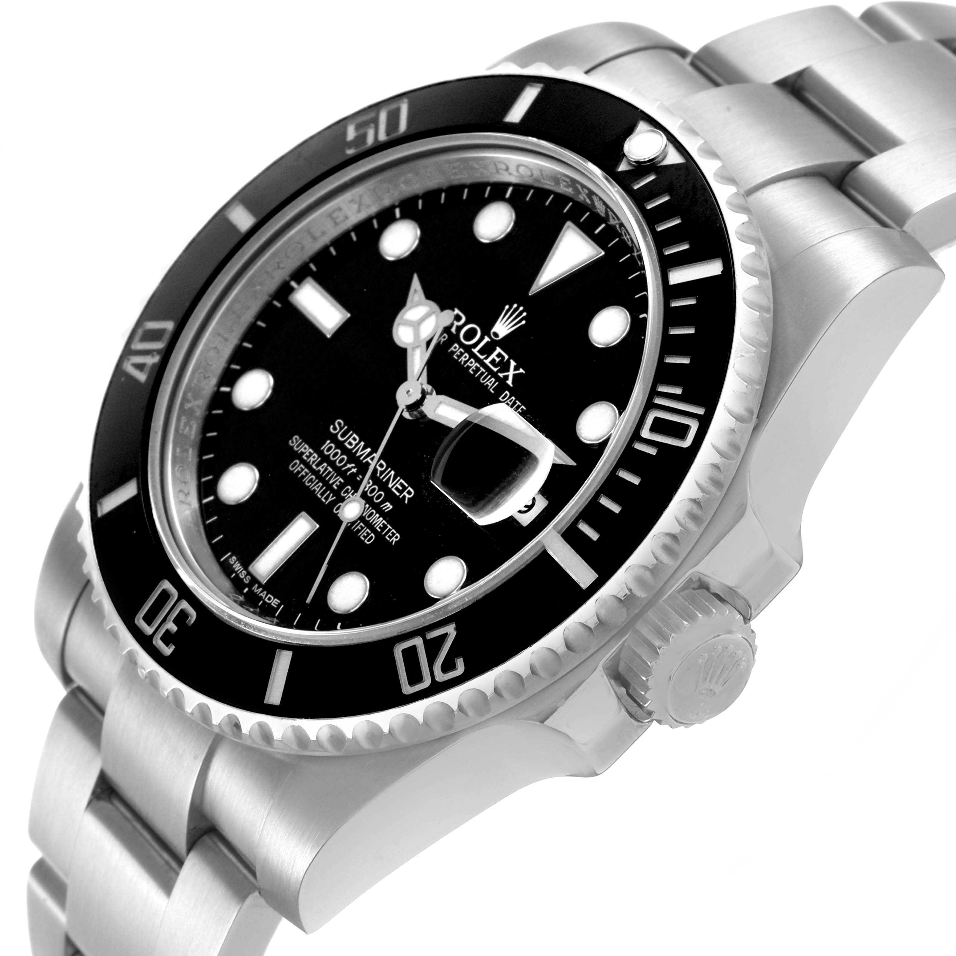 The Rolex Submariner M116610LN-0001 Men's Stainless Steel Black Dial watch is shown at a diagonal angle, displaying the dial, bezel, crown, and part of the bracelet.