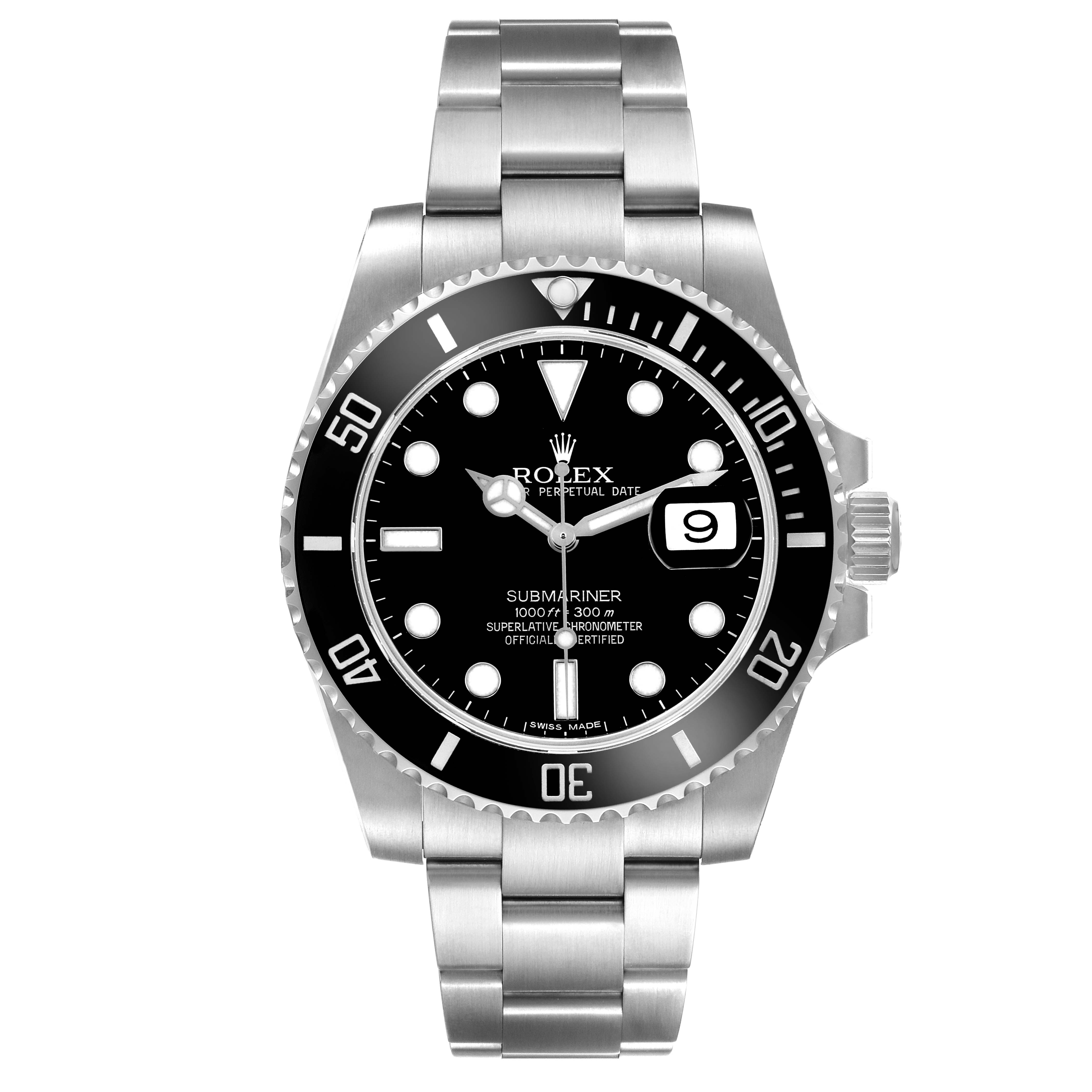 The Rolex Submariner M116610LN-0001 Men's Stainless Steel Black Dial watch is shown from the front, displaying the face, bezel, crown, and bracelet.