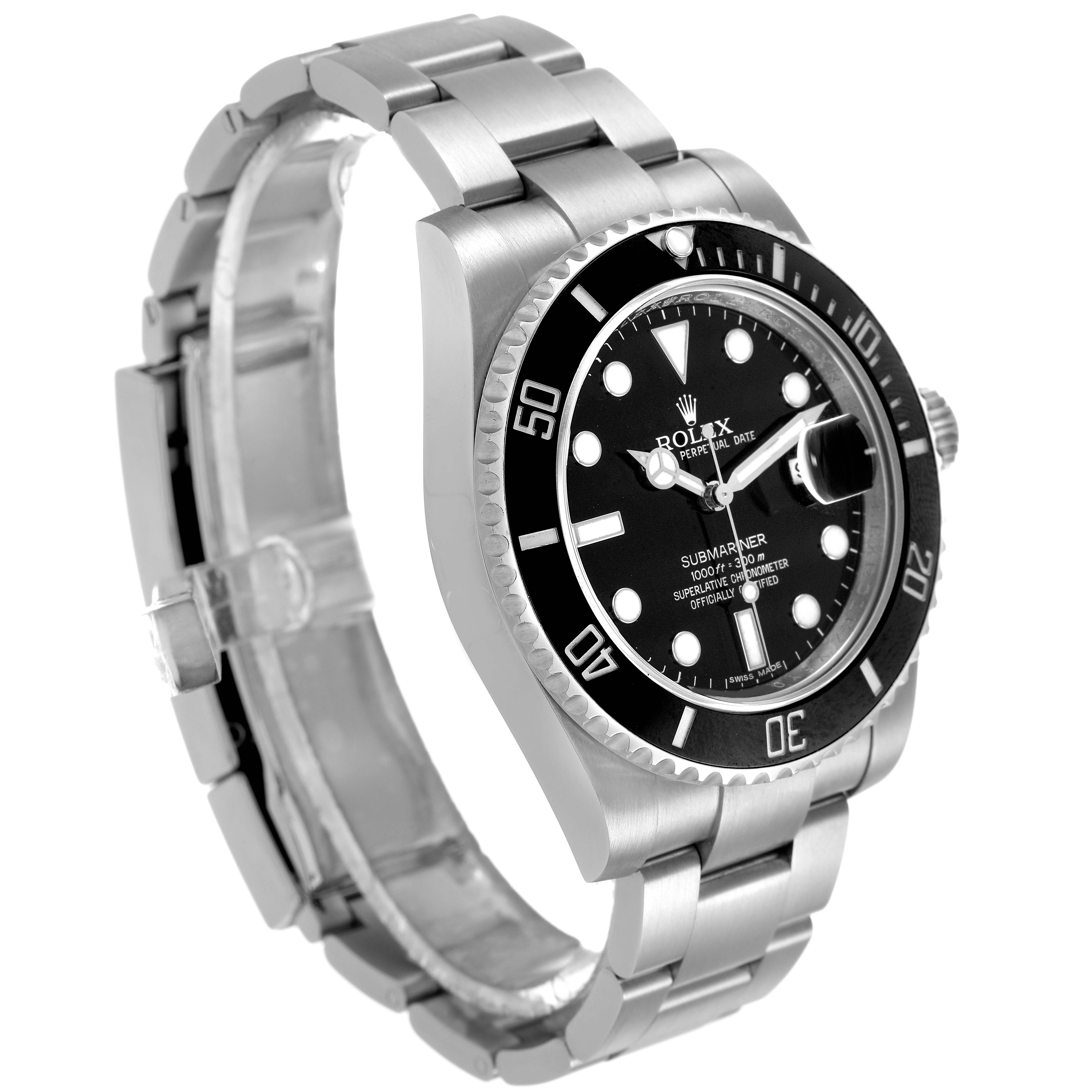 The Rolex Submariner M116610LN-0001 Men's Stainless Steel Black Dial watch is shown at a three-quarter angle, highlighting the bracelet, bezel, and dial.