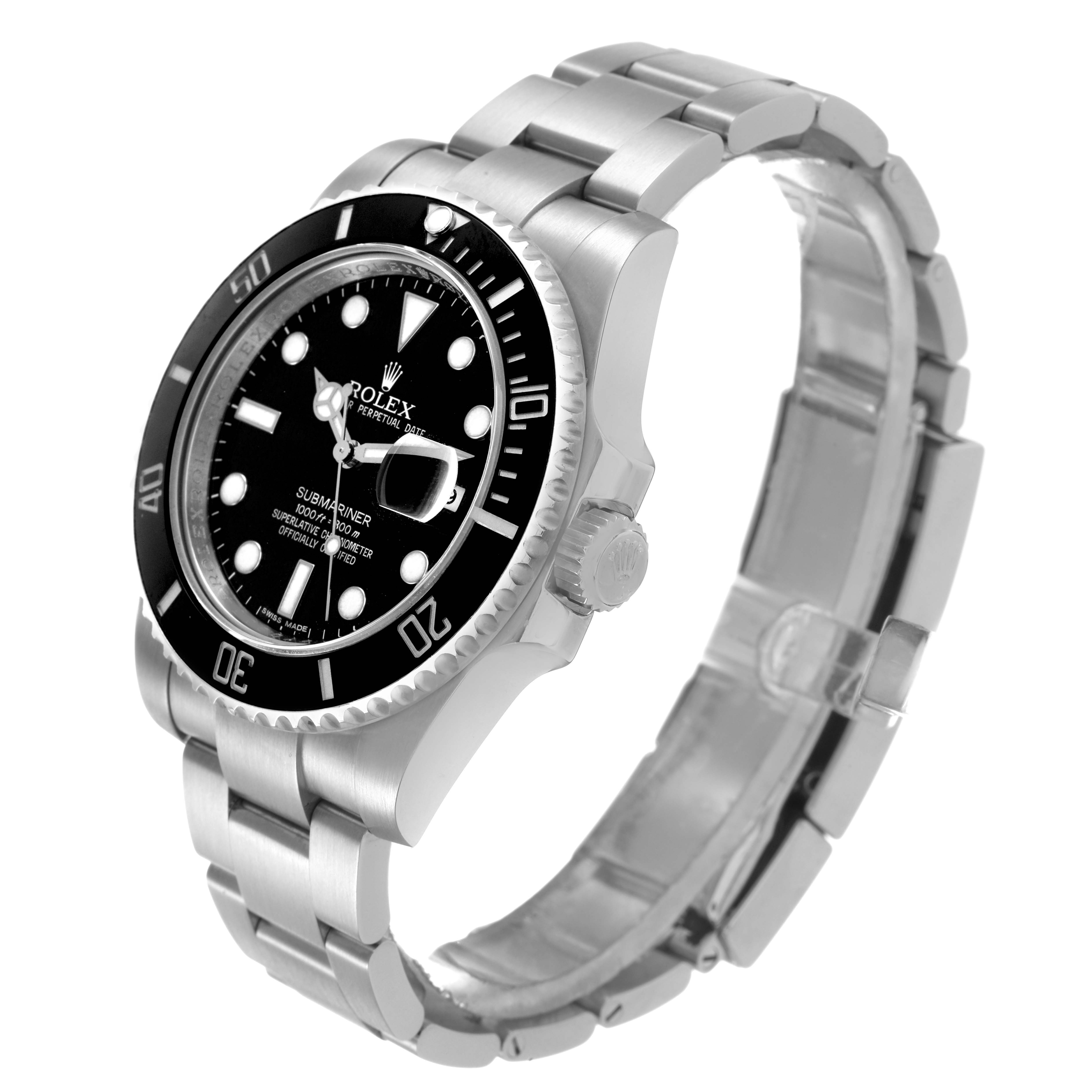 The Rolex Submariner M116610LN-0001 Men's Stainless Steel Black Dial watch is shown at a three-quarter angle, displaying the dial, bezel, crown, and bracelet.