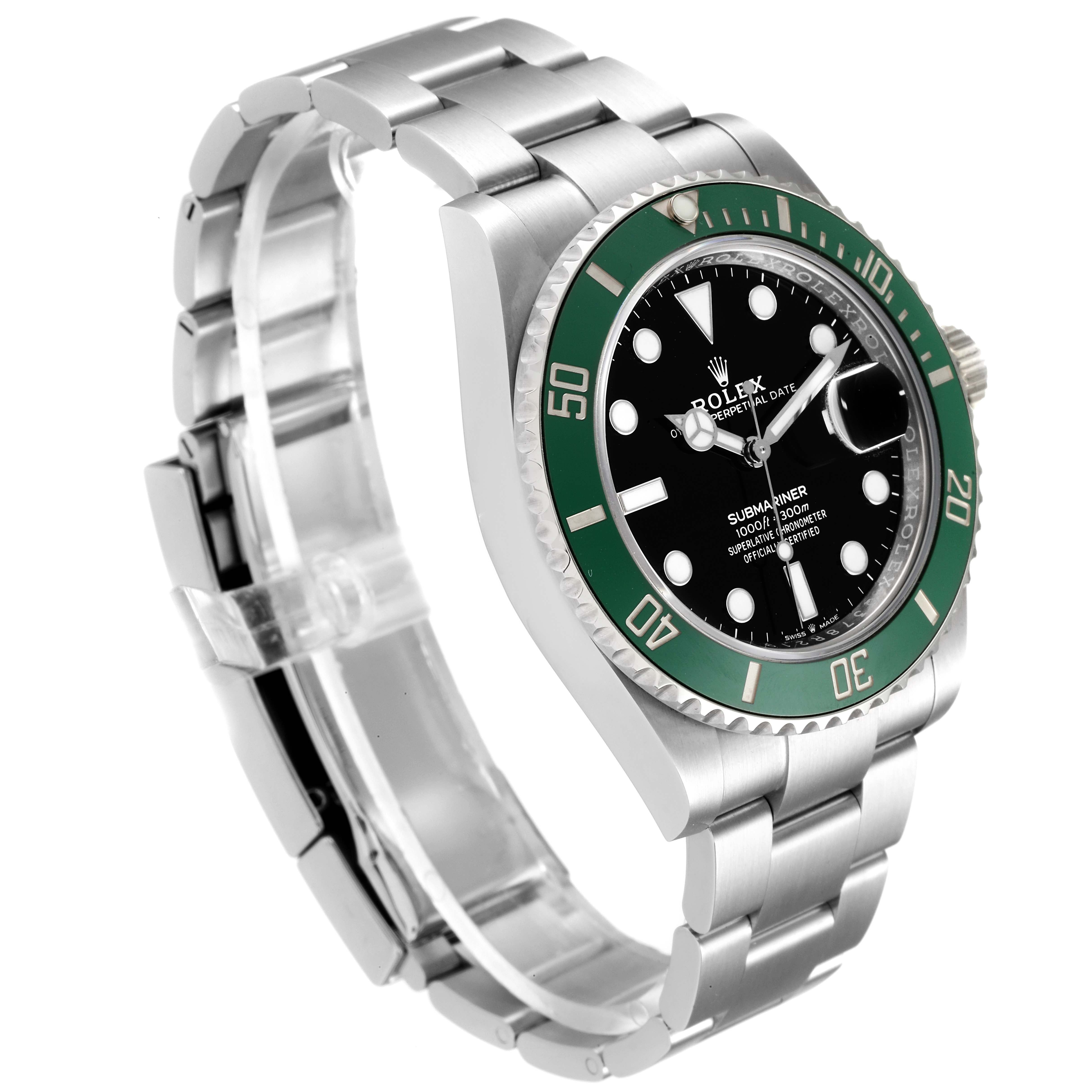 The image shows a side-angle view of the Rolex Submariner 126610LV Men's Stainless Steel Black Dial 126610LV Men's Stainless Steel Black Dial watch, highlighting its green bezel, black dial, and stainless steel bracelet.