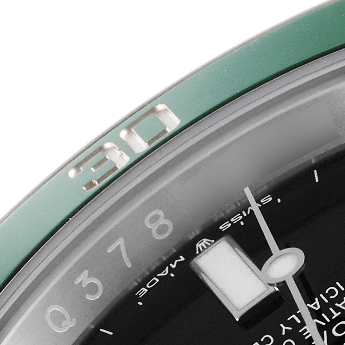 This close-up shows the bezel and partial dial of the Rolex Submariner 126610LV Men's Stainless Steel Black Dial 126610LV Men's Stainless Steel Black Dial, highlighting the "30" marker and some text on the dial.