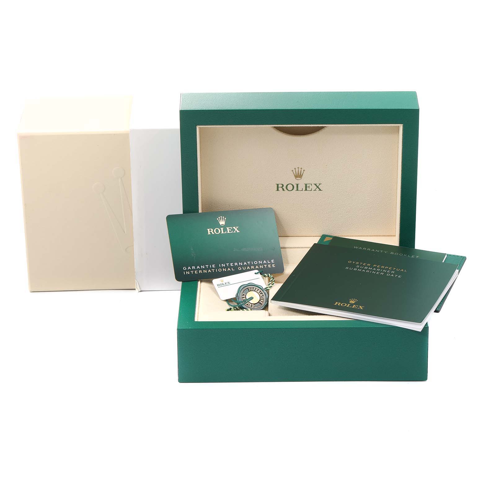 This image shows the box, guarantee card, tag, and booklets for a Rolex Submariner 126610LV Men's Stainless Steel Black Dial 126610LV Men's Stainless Steel Black Dial watch.