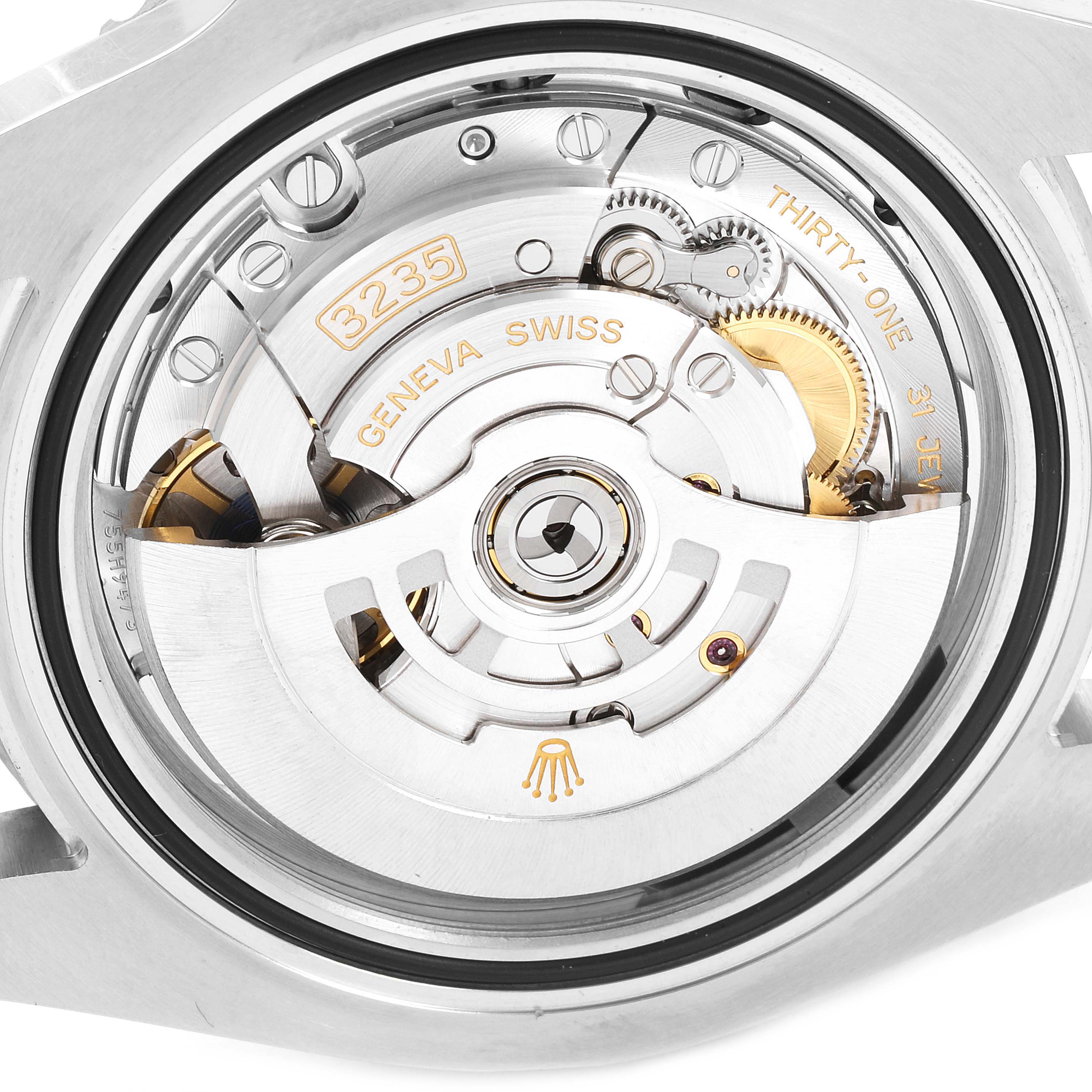 The image shows the back view of a Rolex Submariner 126610LV Men's Stainless Steel Black Dial 126610LV Men's Stainless Steel Black Dial, focusing on its 3235 Geneva Swiss movement.