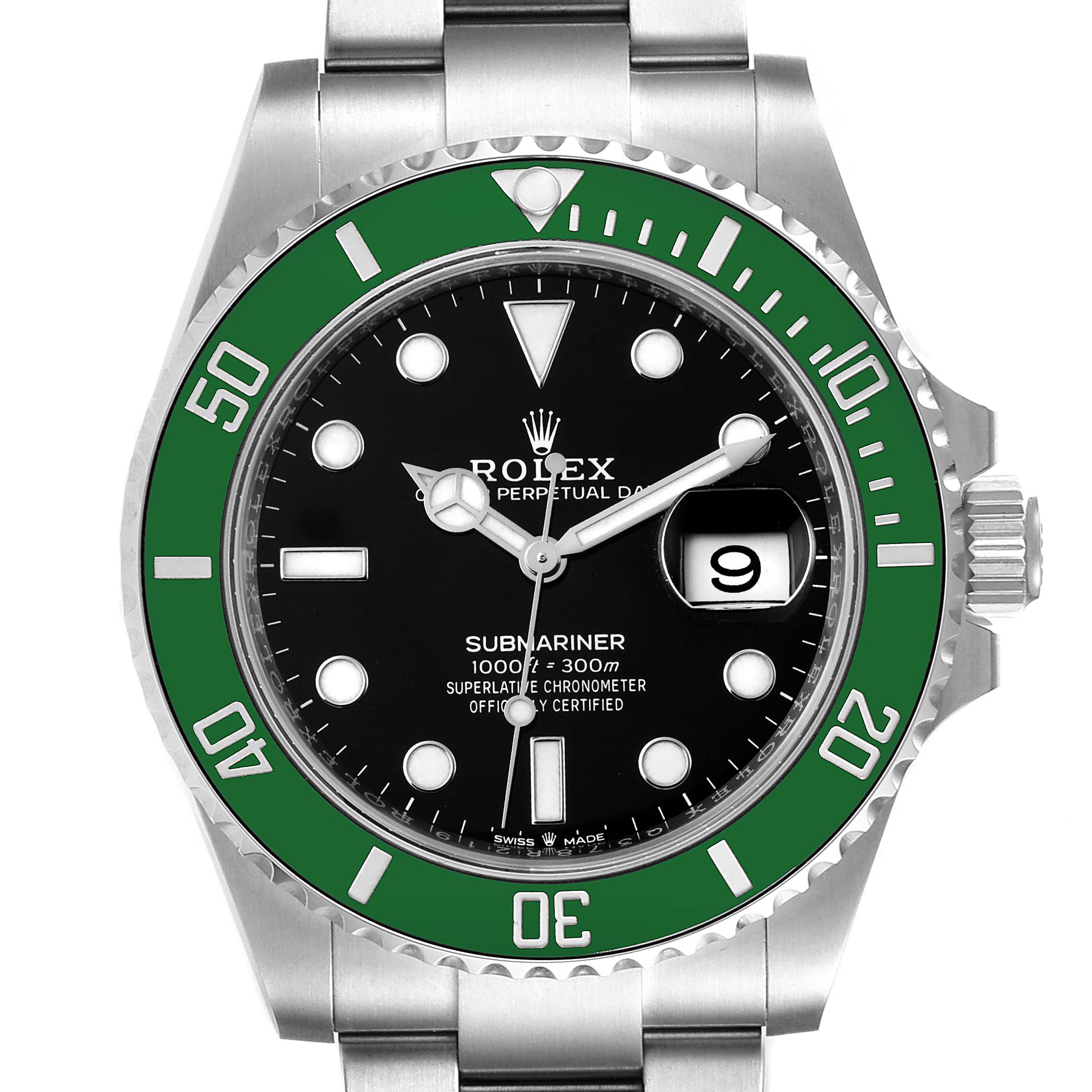 The image shows a front view of a Rolex Submariner 126610LV Men's Stainless Steel Black Dial 126610LV Men's Stainless Steel Black Dial watch featuring a black dial and green bezel.