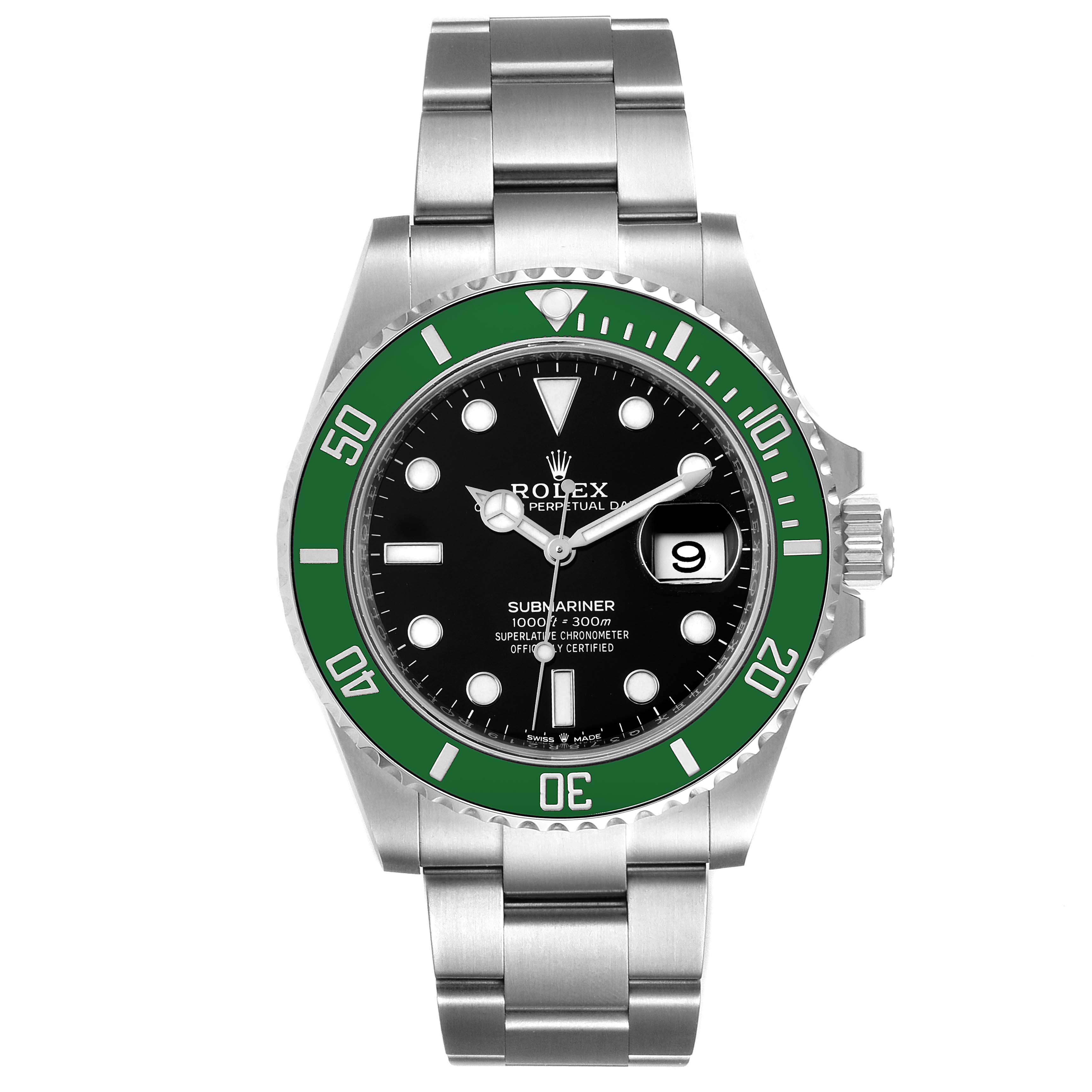 The image shows the front view of the Rolex Submariner 126610LV Men's Stainless Steel Black Dial 126610LV Men's Stainless Steel Black Dial, displaying its dial, green bezel, and stainless steel bracelet.