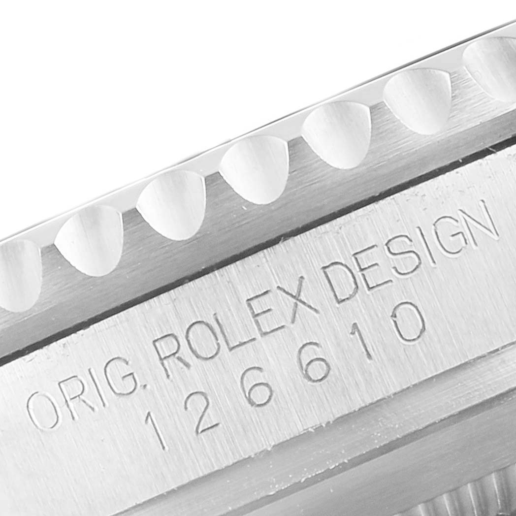 This close-up image shows the case side and bezel of a Rolex Submariner 126610LV Men's Stainless Steel Black Dial 126610LV Men's Stainless Steel Black Dial with the model number 126610 engraved.