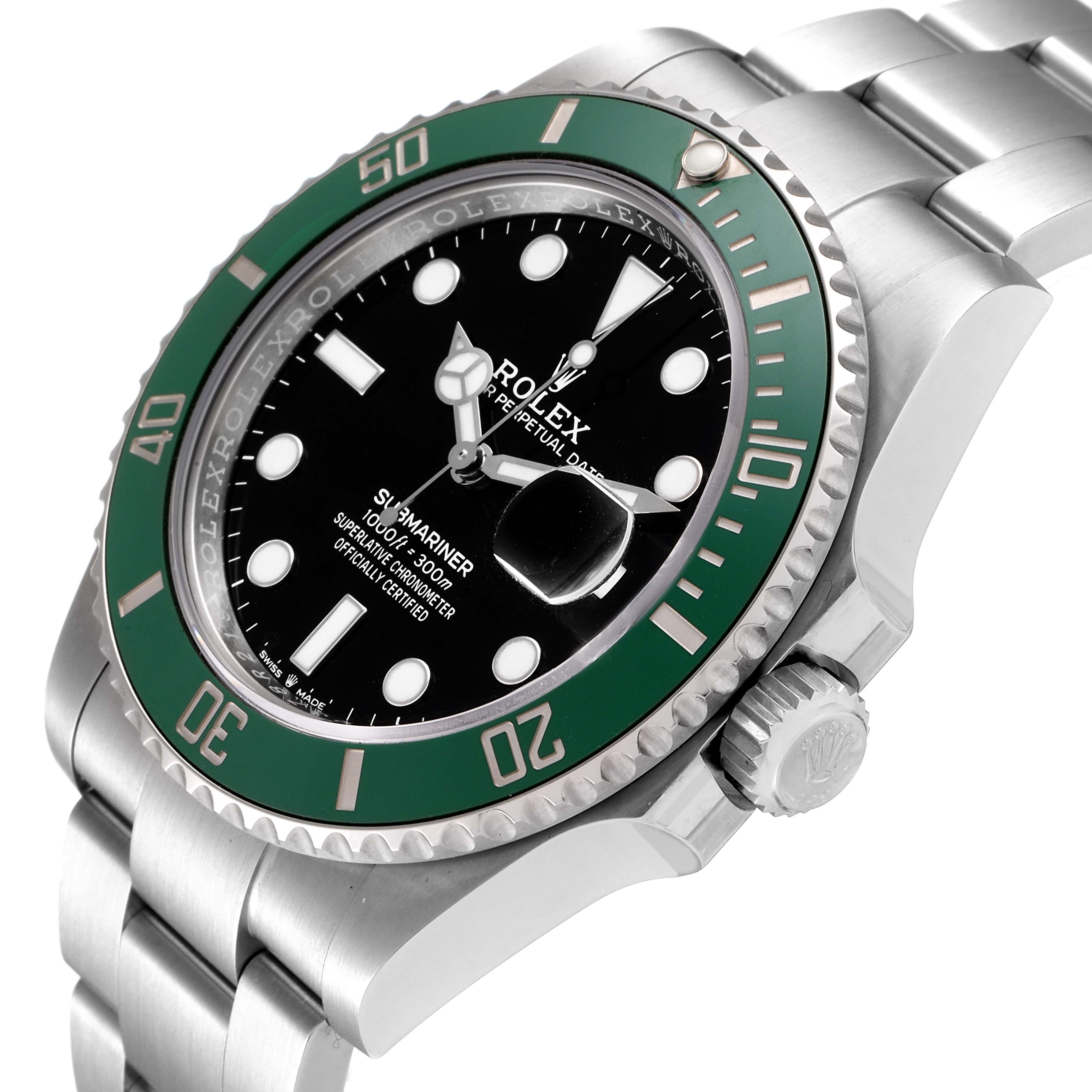 The image shows the Rolex Submariner 126610LV Men's Stainless Steel Black Dial 126610LV Men's Stainless Steel Black Dial model from an angled side view, highlighting the bezel, crown, and watch face.