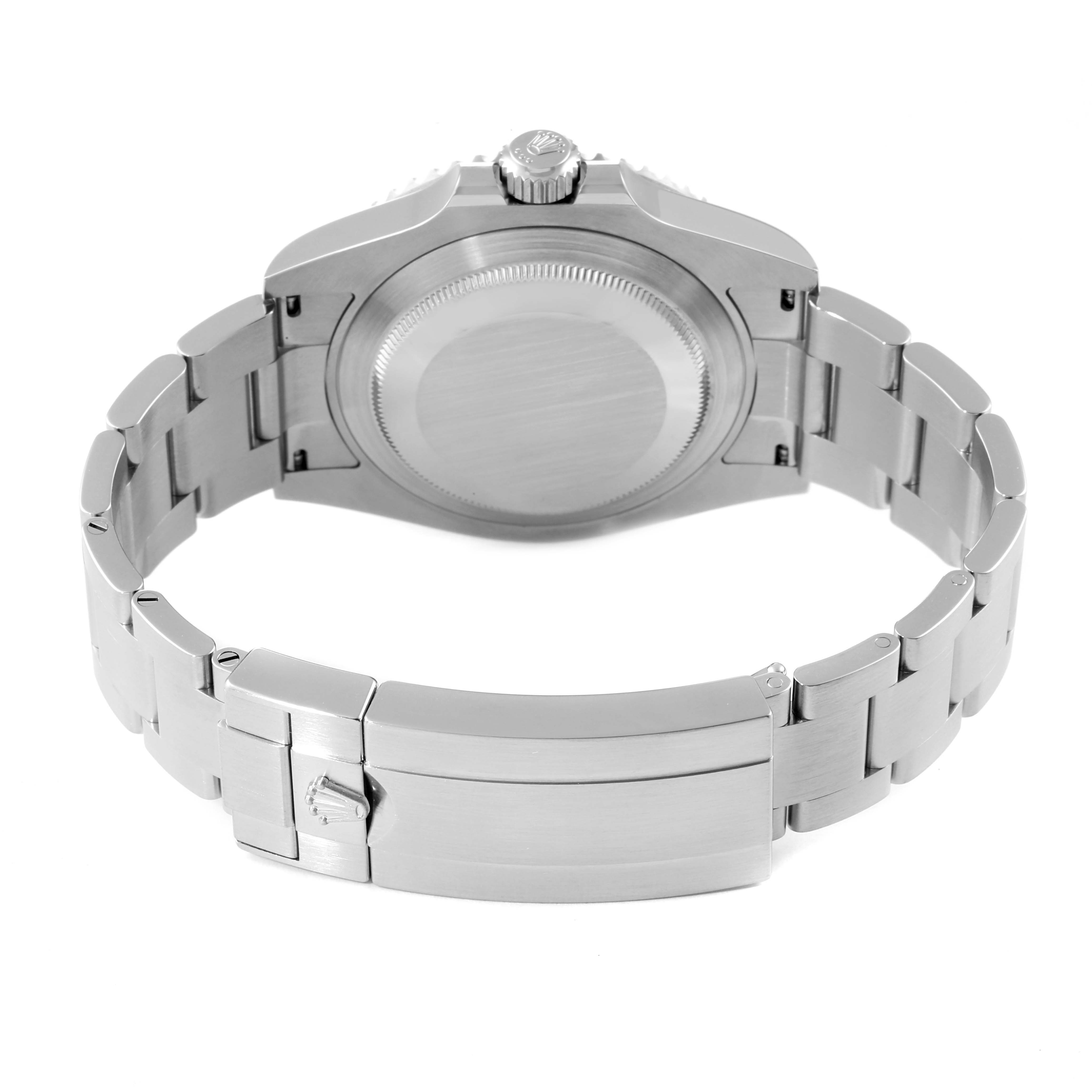 This image shows the backside and metal bracelet of a Rolex Submariner 126610LV Men's Stainless Steel Black Dial 126610LV Men's Stainless Steel Black Dial watch.