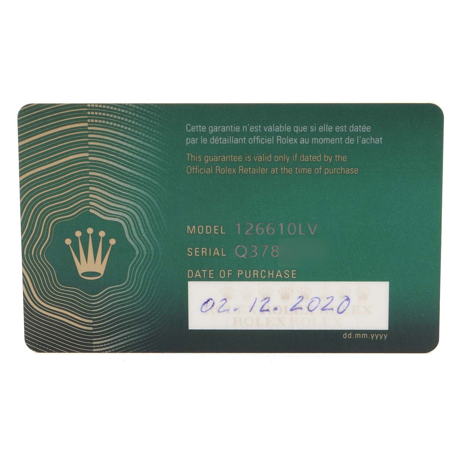 This image shows the warranty card for the Rolex Submariner 126610LV Men's Stainless Steel Black Dial 126610LV Men's Stainless Steel Black Dial model 126610LV, including the serial number and date of purchase.