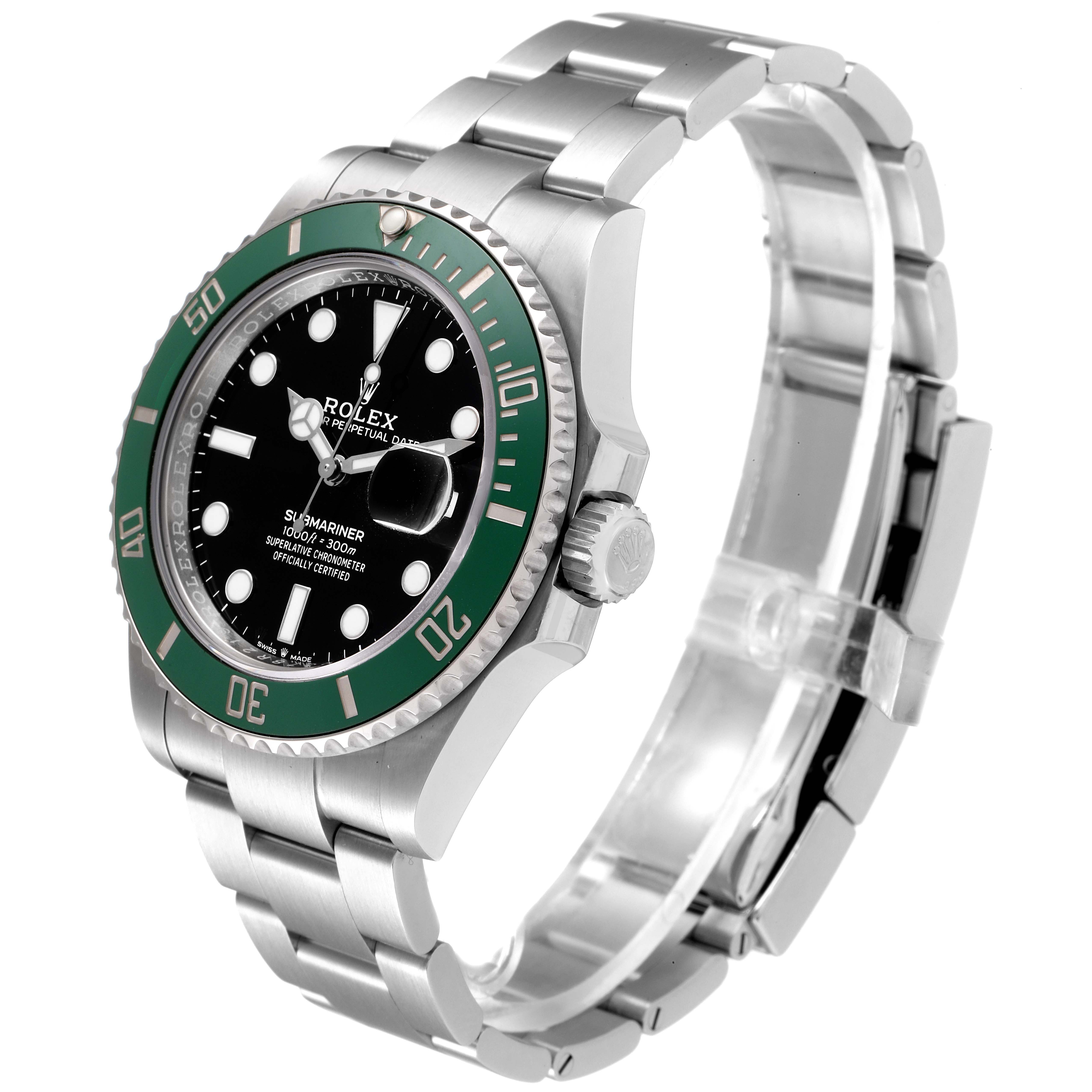 The image shows a Rolex Submariner 126610LV Men's Stainless Steel Black Dial 126610LV Men's Stainless Steel Black Dial watch at a three-quarter angle, highlighting its green bezel, black dial, and stainless steel bracelet.