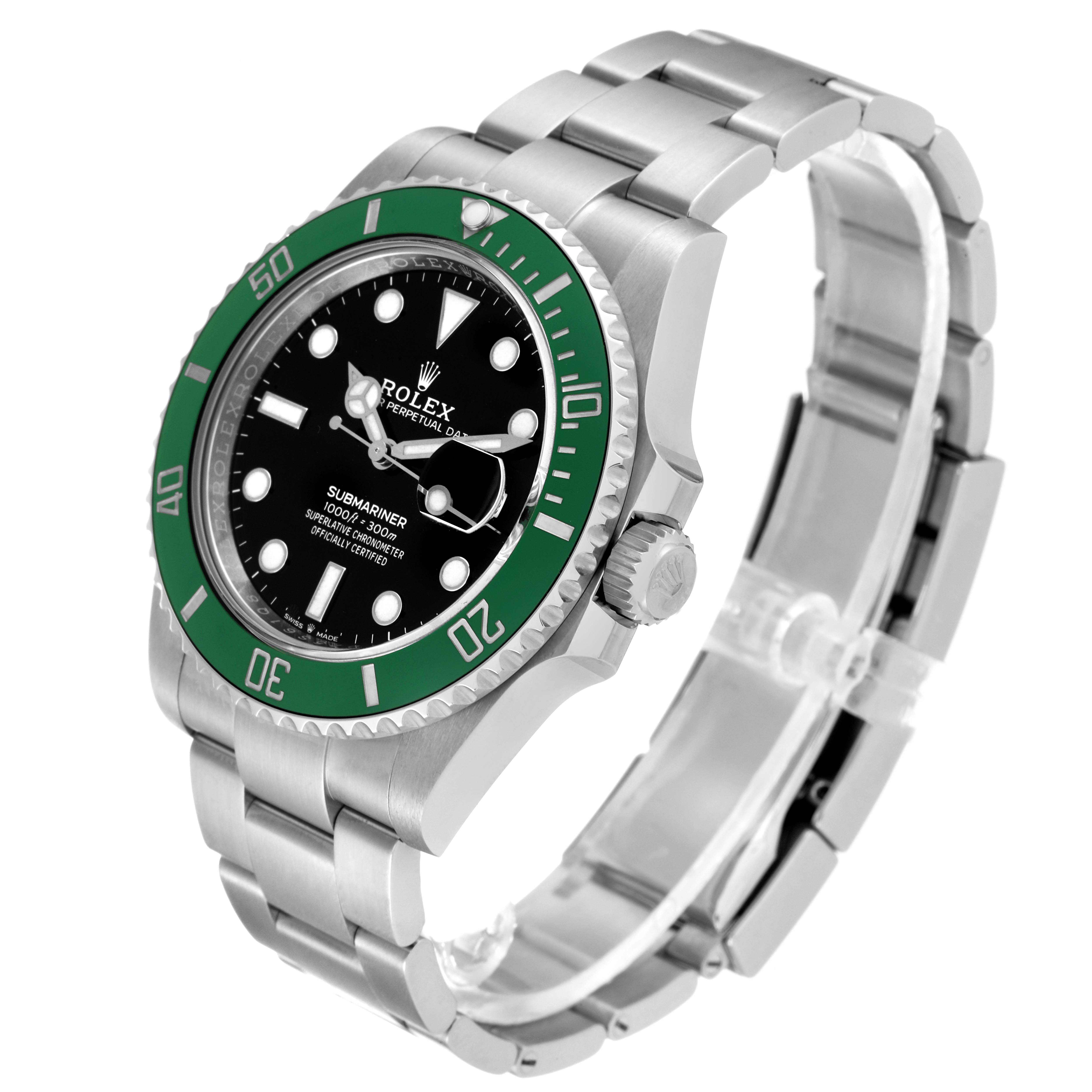 The image shows a Rolex Submariner 126610LV Men's Stainless Steel Black Dial 126610LV Men's Stainless Steel Black Dial watch at a three-quarter angle, highlighting the dial, bezel, and bracelet.