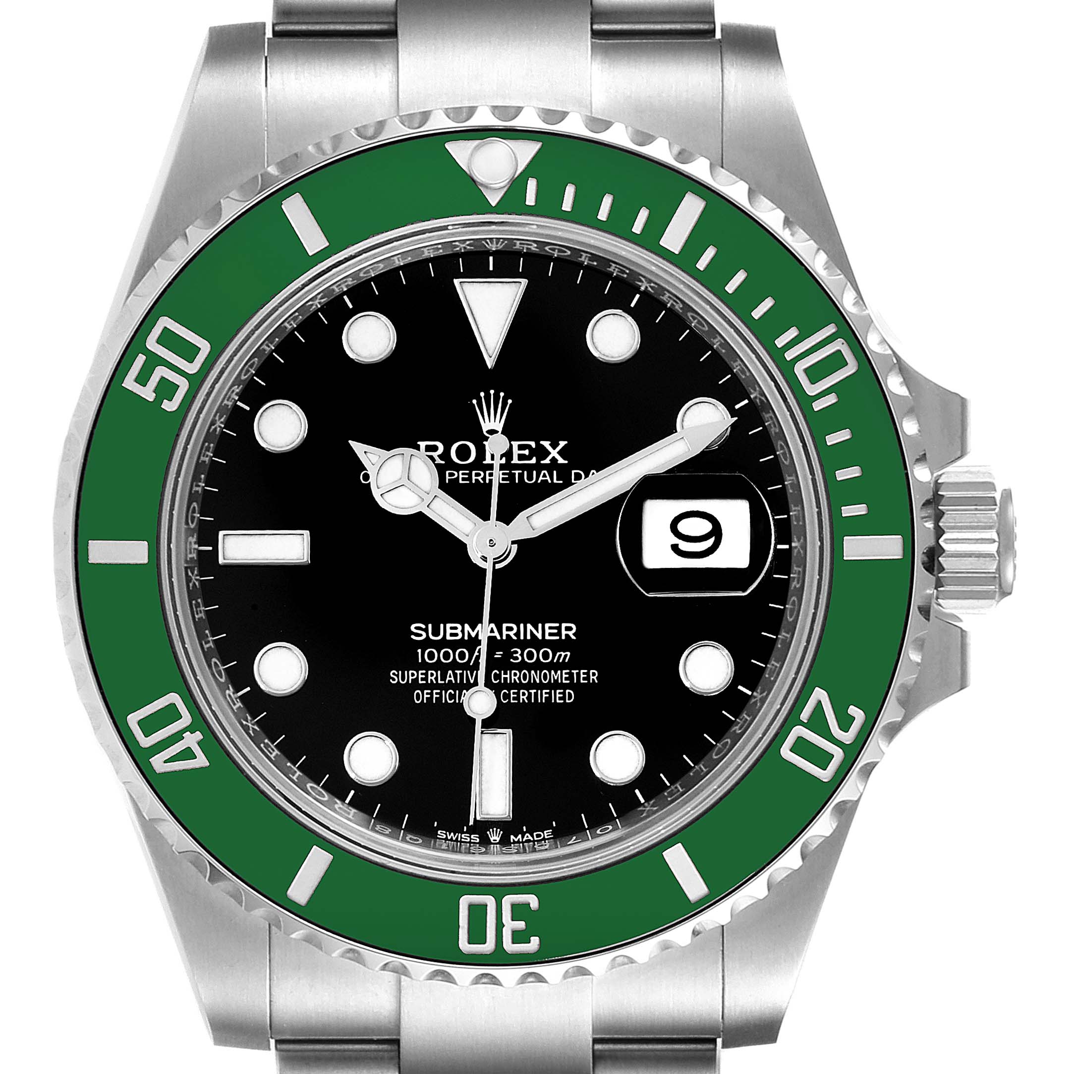 The image shows a front view of a Rolex Submariner 126610LV Men's Stainless Steel Black Dial 126610LV Men's Stainless Steel Black Dial watch, highlighting the green bezel, black dial, hands, hour markers, and date window.
