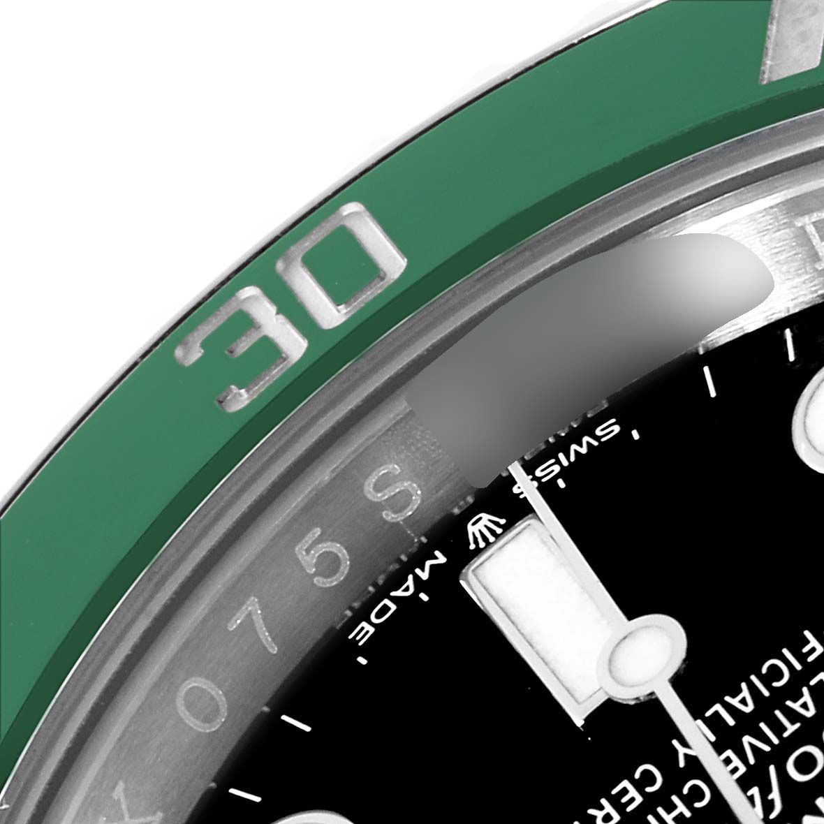 This image shows a close-up view of the bezel, dial, and part of the minute hand of a Rolex Submariner 126610LV Men's Stainless Steel Black Dial 126610LV Men's Stainless Steel Black Dial watch.