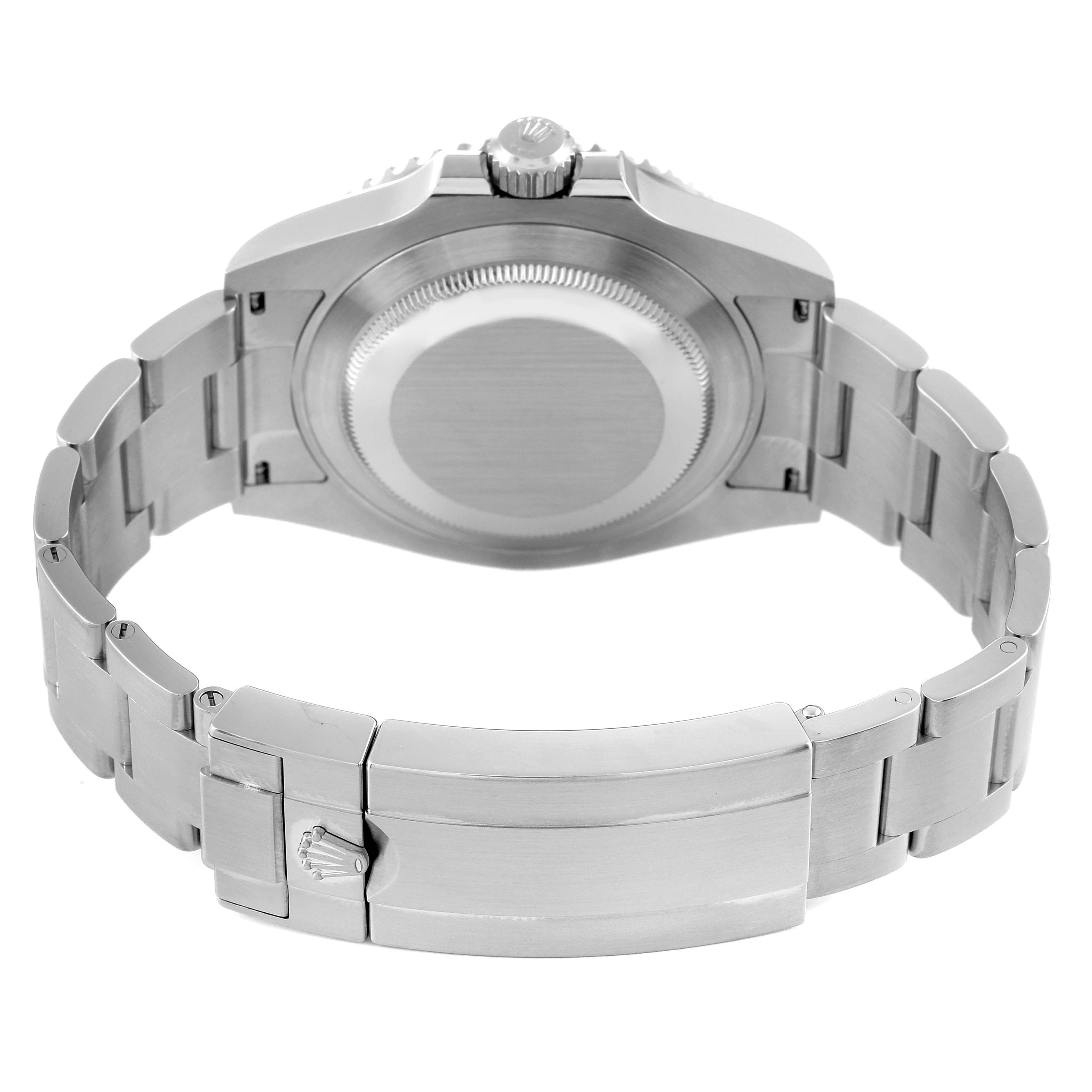 This image shows the backside and bracelet of a Rolex Submariner 126610LV Men's Stainless Steel Black Dial 126610LV Men's Stainless Steel Black Dial watch from a rear angle.