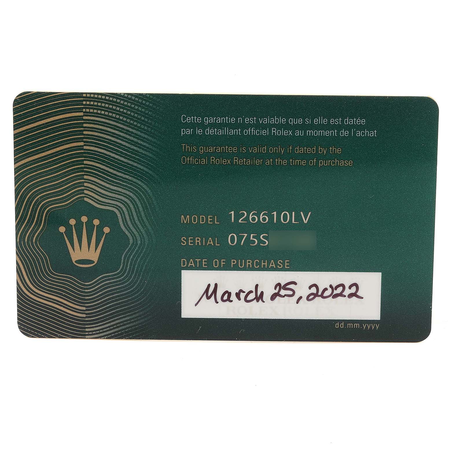 This image shows a warranty card for the Rolex Submariner 126610LV Men's Stainless Steel Black Dial 126610LV Men's Stainless Steel Black Dial 126610LV, displaying the model, serial number, and purchase date.