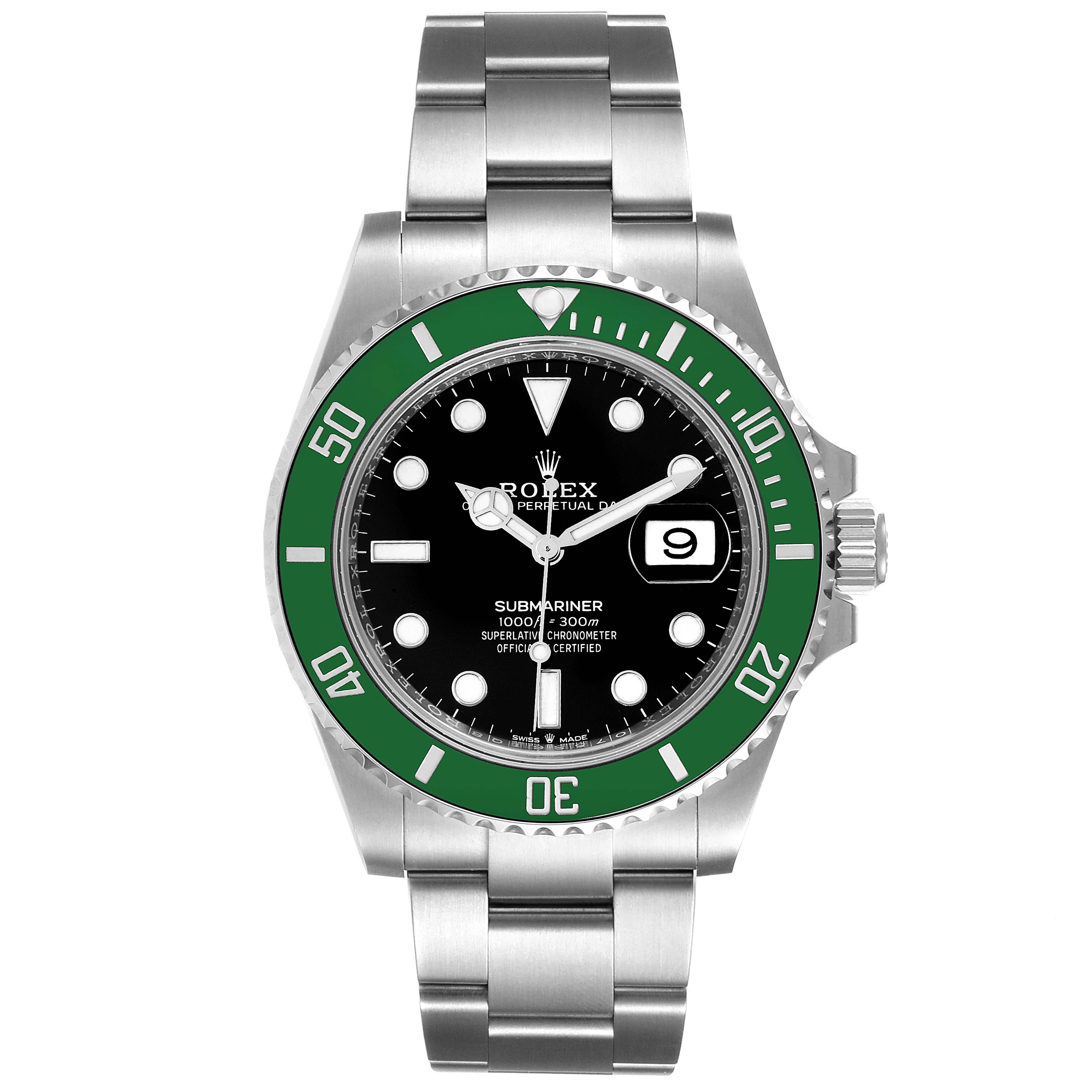 The image shows a frontal view of a Rolex Submariner 126610LV Men's Stainless Steel Black Dial 126610LV Men's Stainless Steel Black Dial watch with a black dial, green bezel, and stainless steel bracelet.