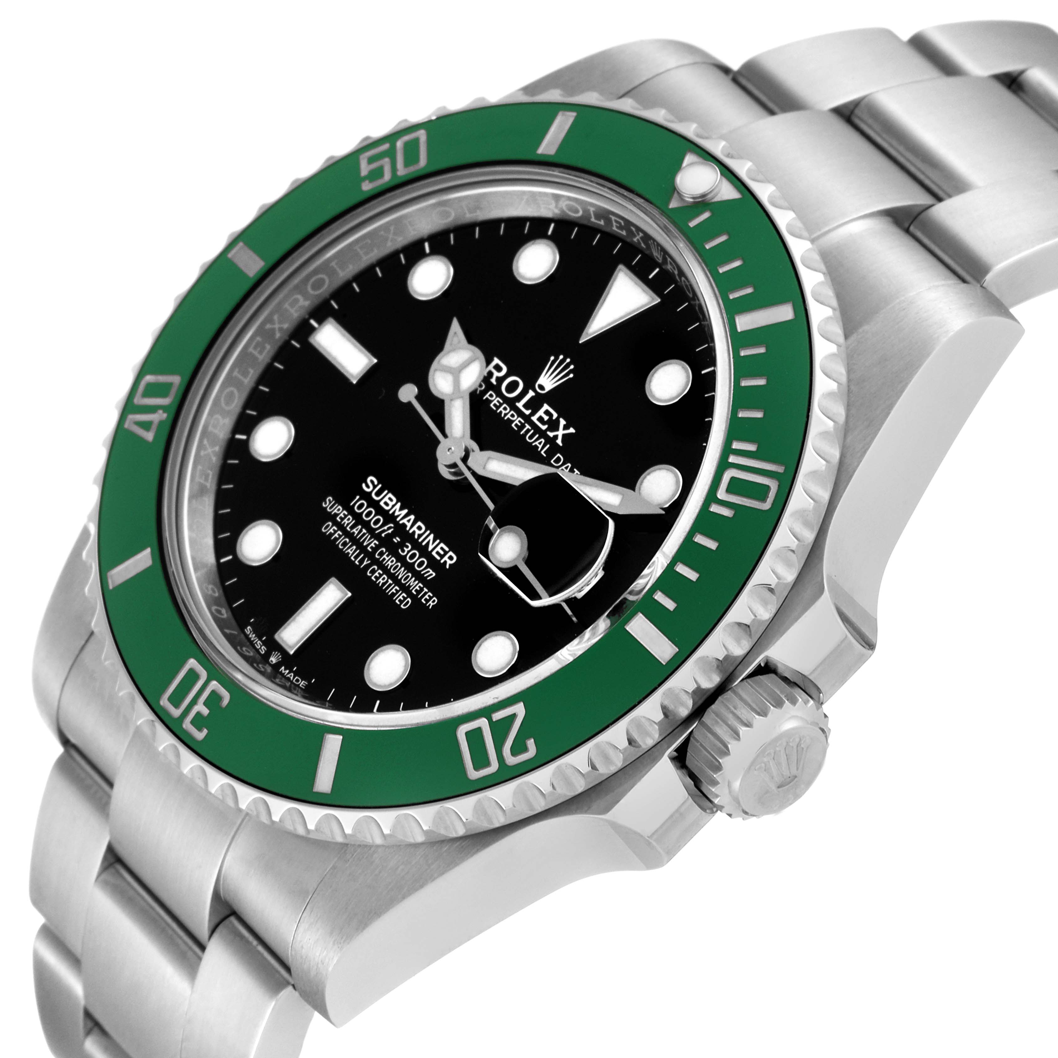 This image shows a side angle of the Rolex Submariner 126610LV Men's Stainless Steel Black Dial 126610LV Men's Stainless Steel Black Dial watch, highlighting its bezel, dial, and crown.