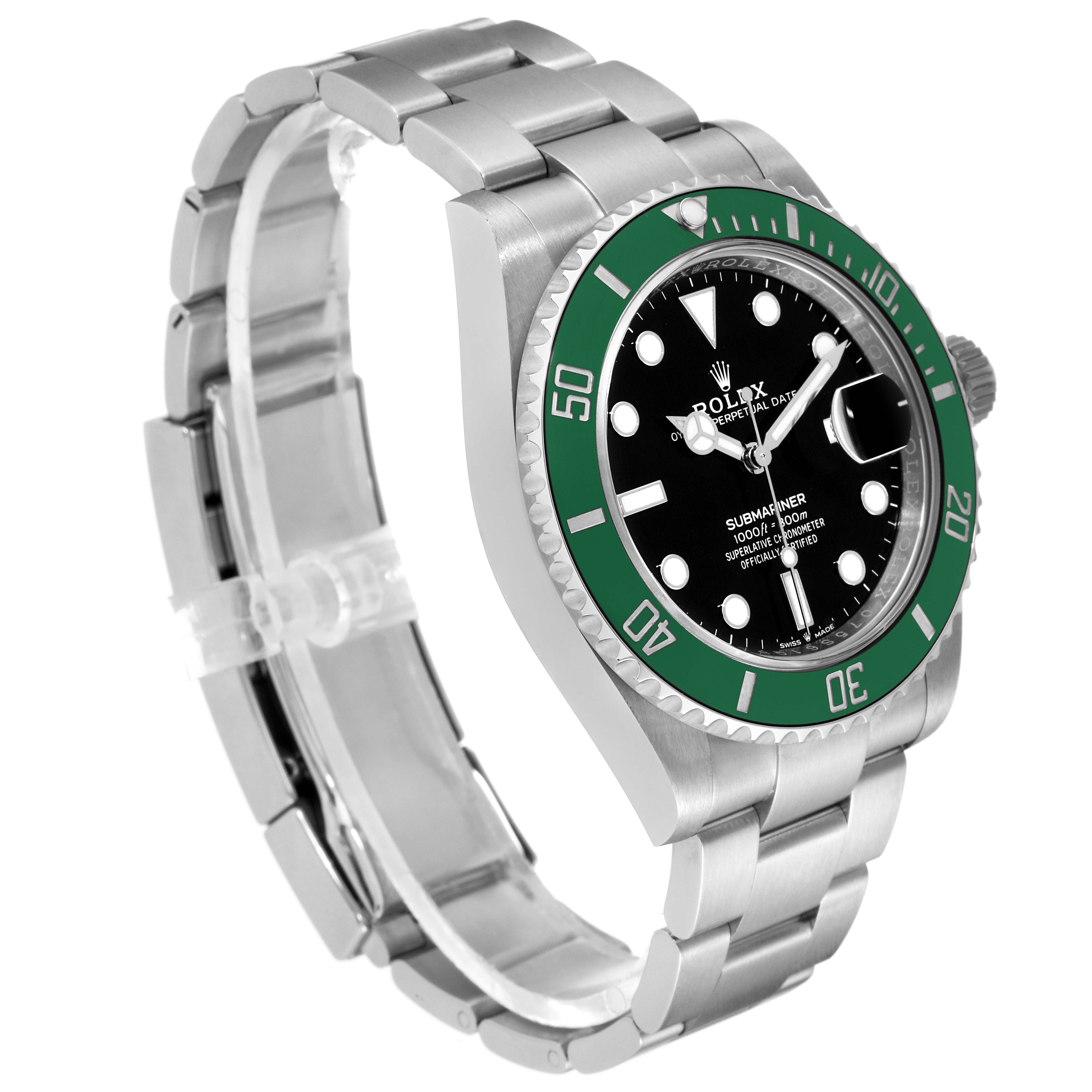 The image shows a three-quarters view of the Rolex Submariner 126610LV Men's Stainless Steel Black Dial 126610LV Men's Stainless Steel Black Dial, highlighting the bezel, dial, and bracelet.