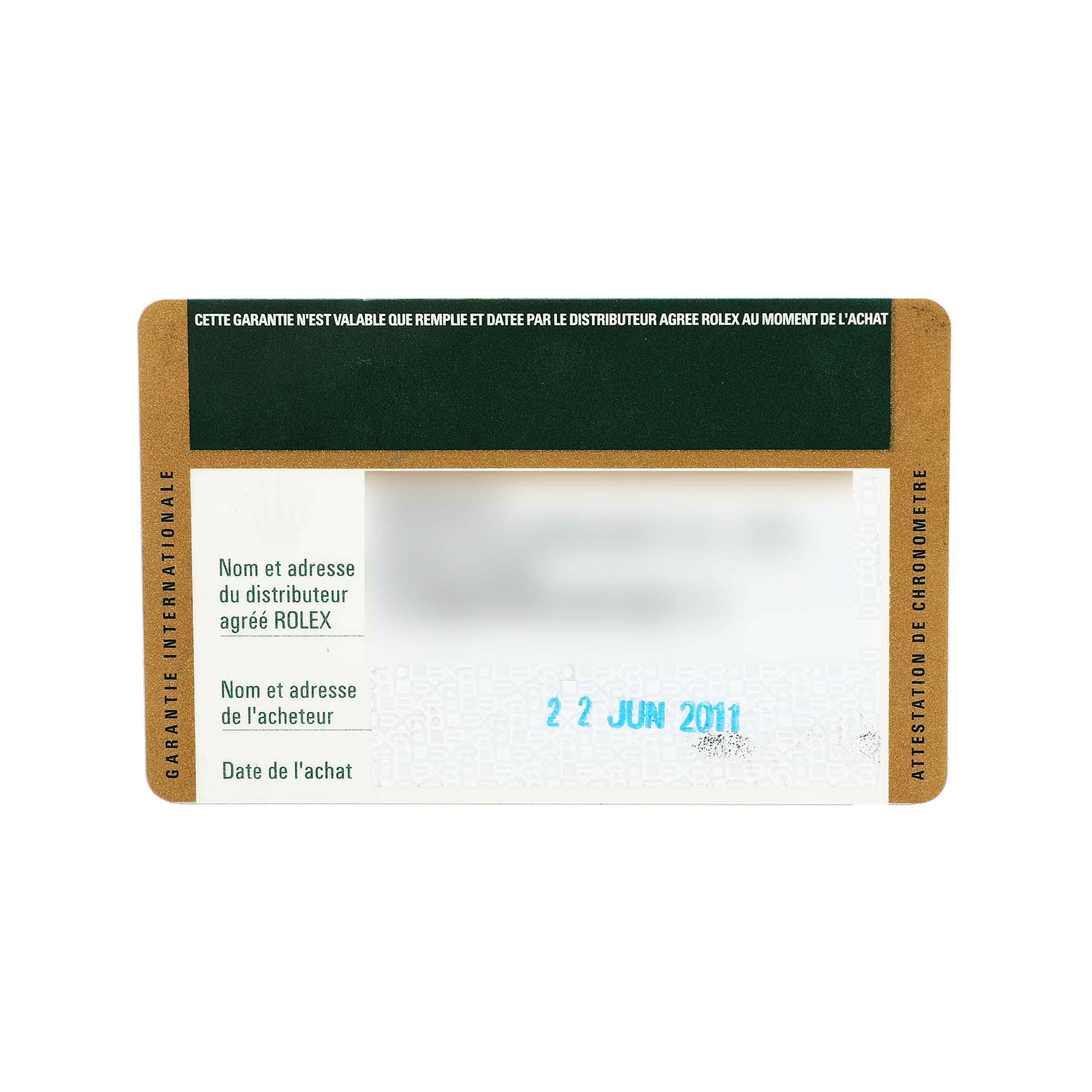 The image shows an international guarantee card for a Rolex Submariner 116610LV Men's Stainless Steel Green Dial watch, with the brand details and date visible.