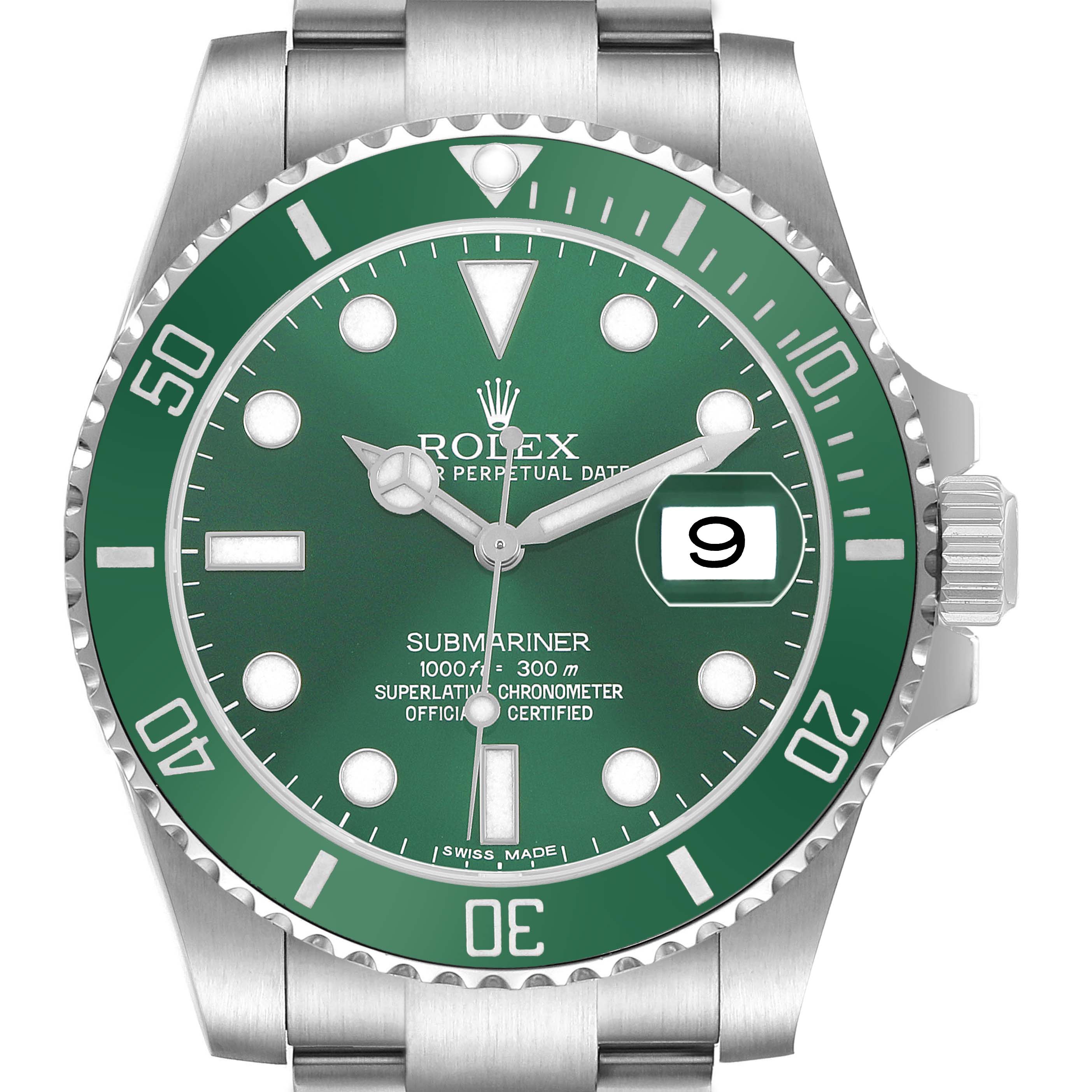 The image shows a front view of the Rolex Submariner 116610LV Men's Stainless Steel Green Dial, displaying its bezel, dial, hands, and date window.