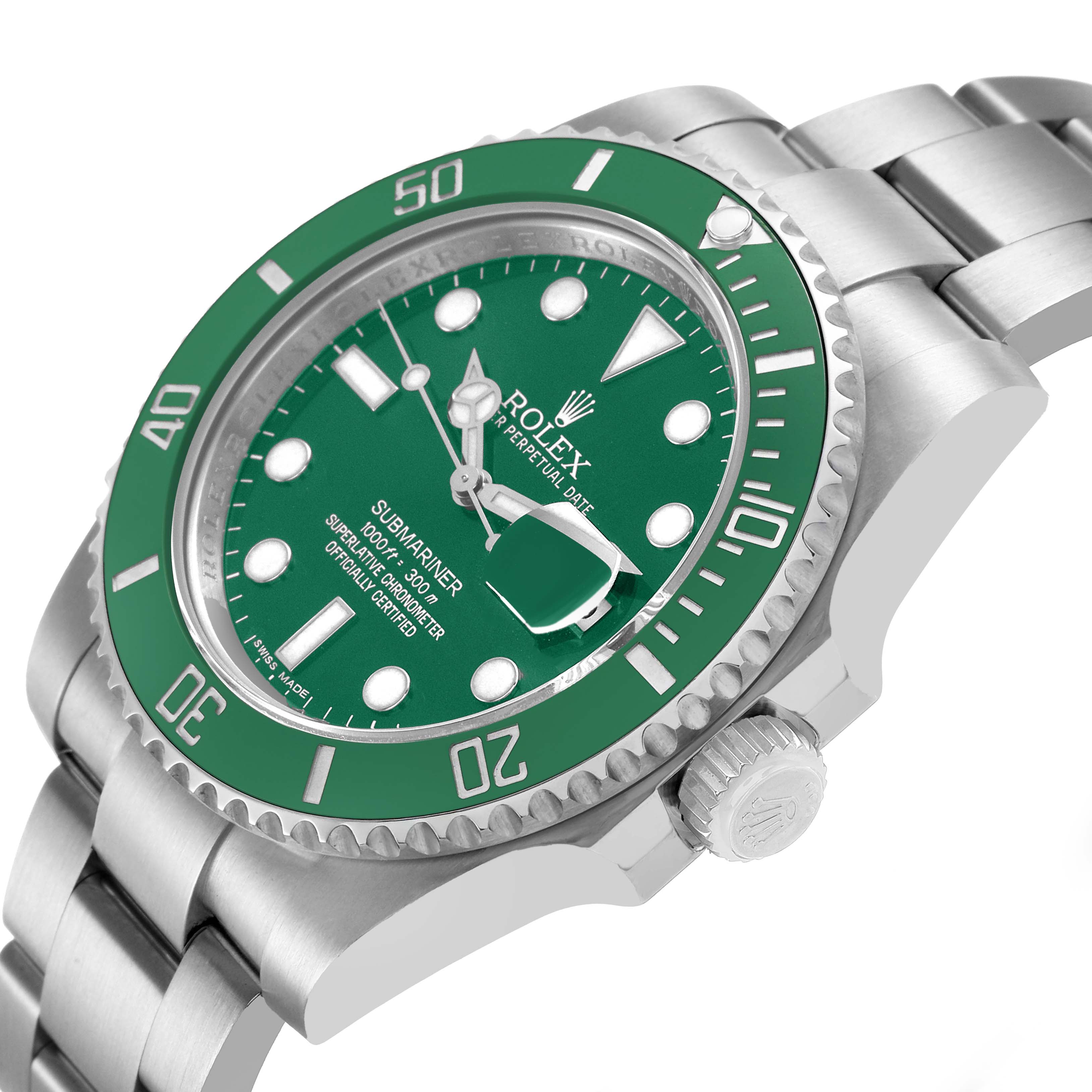 The Rolex Submariner 116610LV Men's Stainless Steel Green Dial is shown at a slight angle, highlighting the green bezel, dial, bracelet, and crown.
