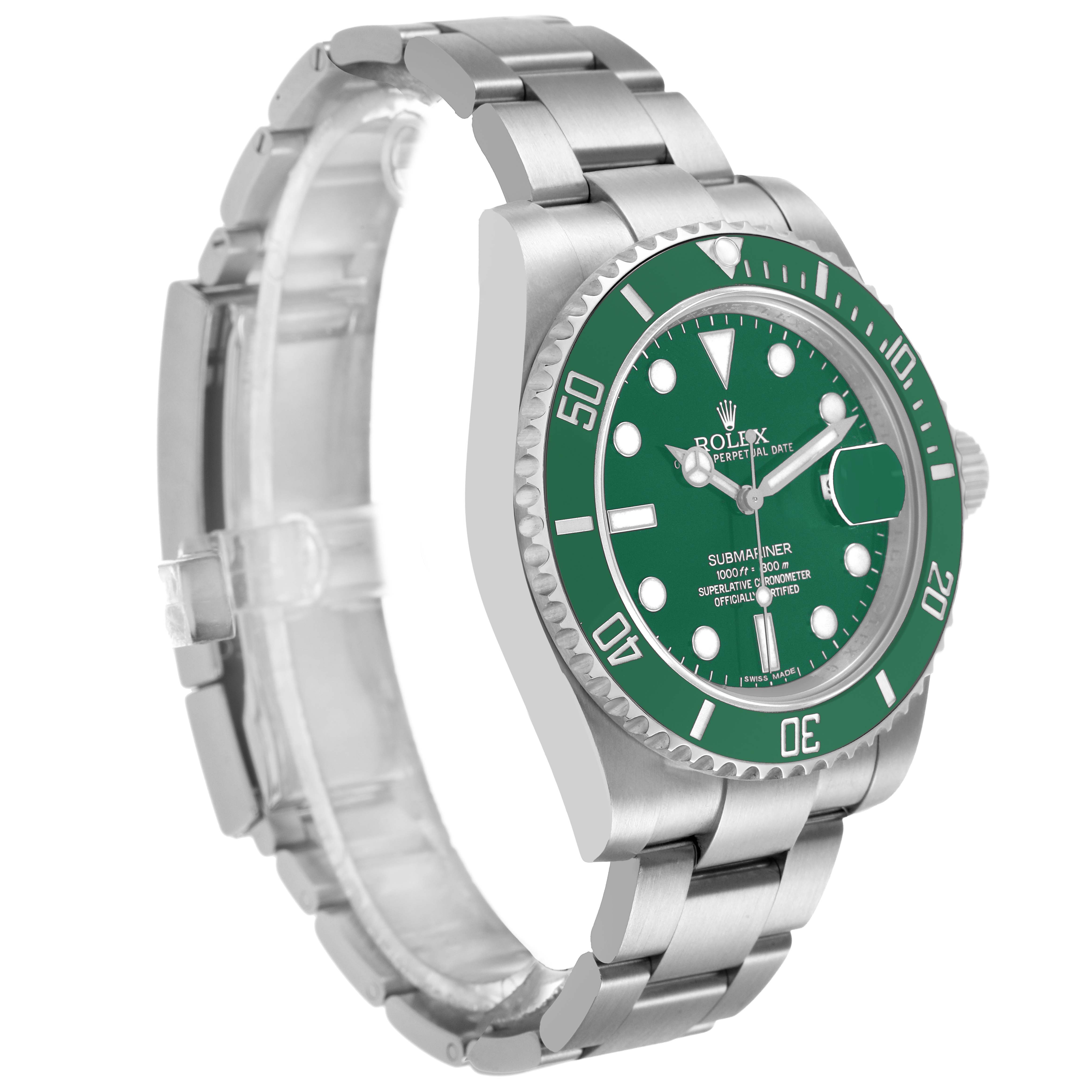 The Rolex Submariner 116610LV Men's Stainless Steel Green Dial watch is shown at a three-quarter angle, highlighting the green bezel, dial, and stainless steel bracelet.