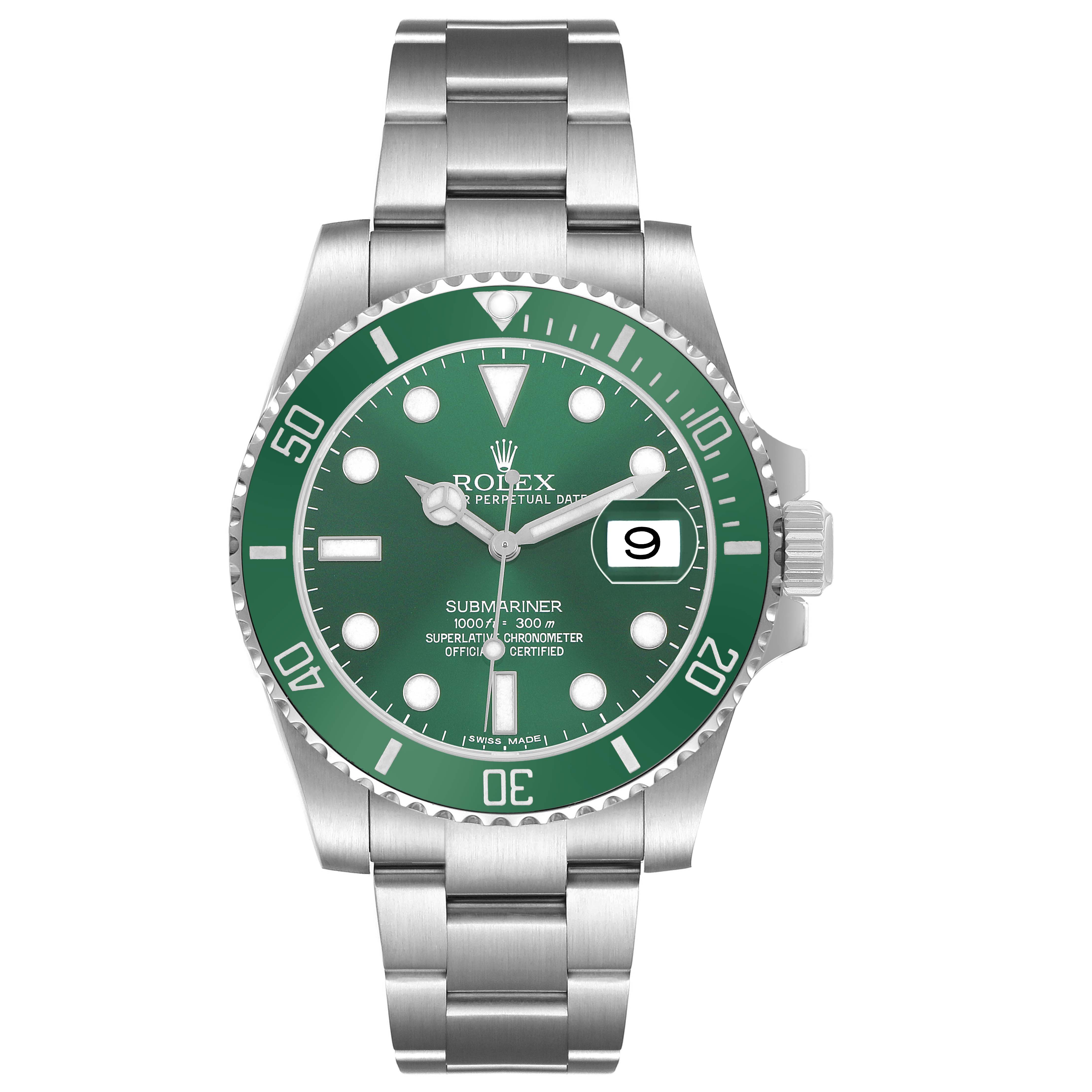 The Rolex Submariner 116610LV Men's Stainless Steel Green Dial watch is shown from a front angle, highlighting the green bezel, dial, bracelet, and date window.