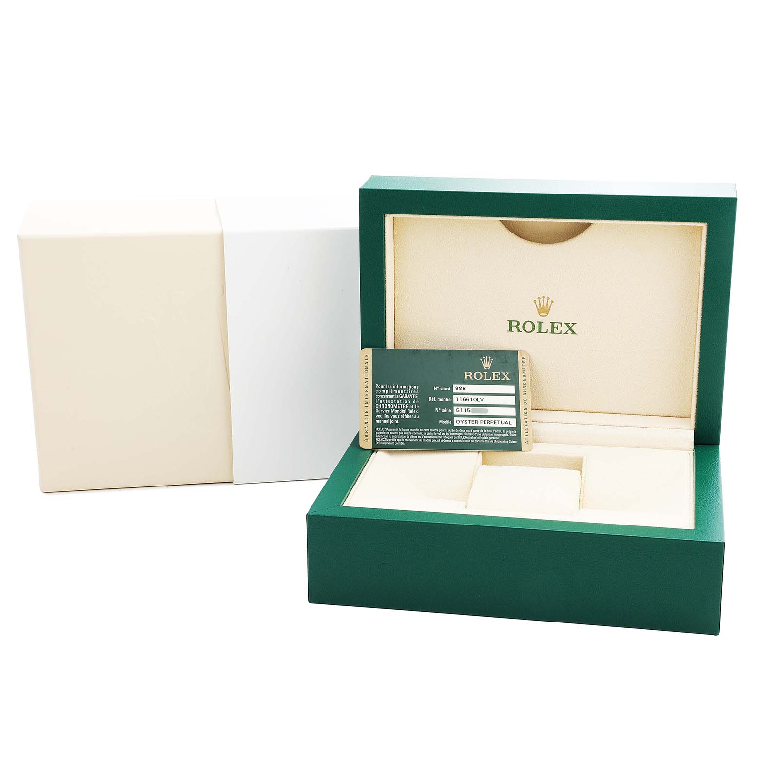 The image shows a Rolex Submariner 116610LV Men's Stainless Steel Green Dial watch box, open with a warranty card inside, viewed from the front.