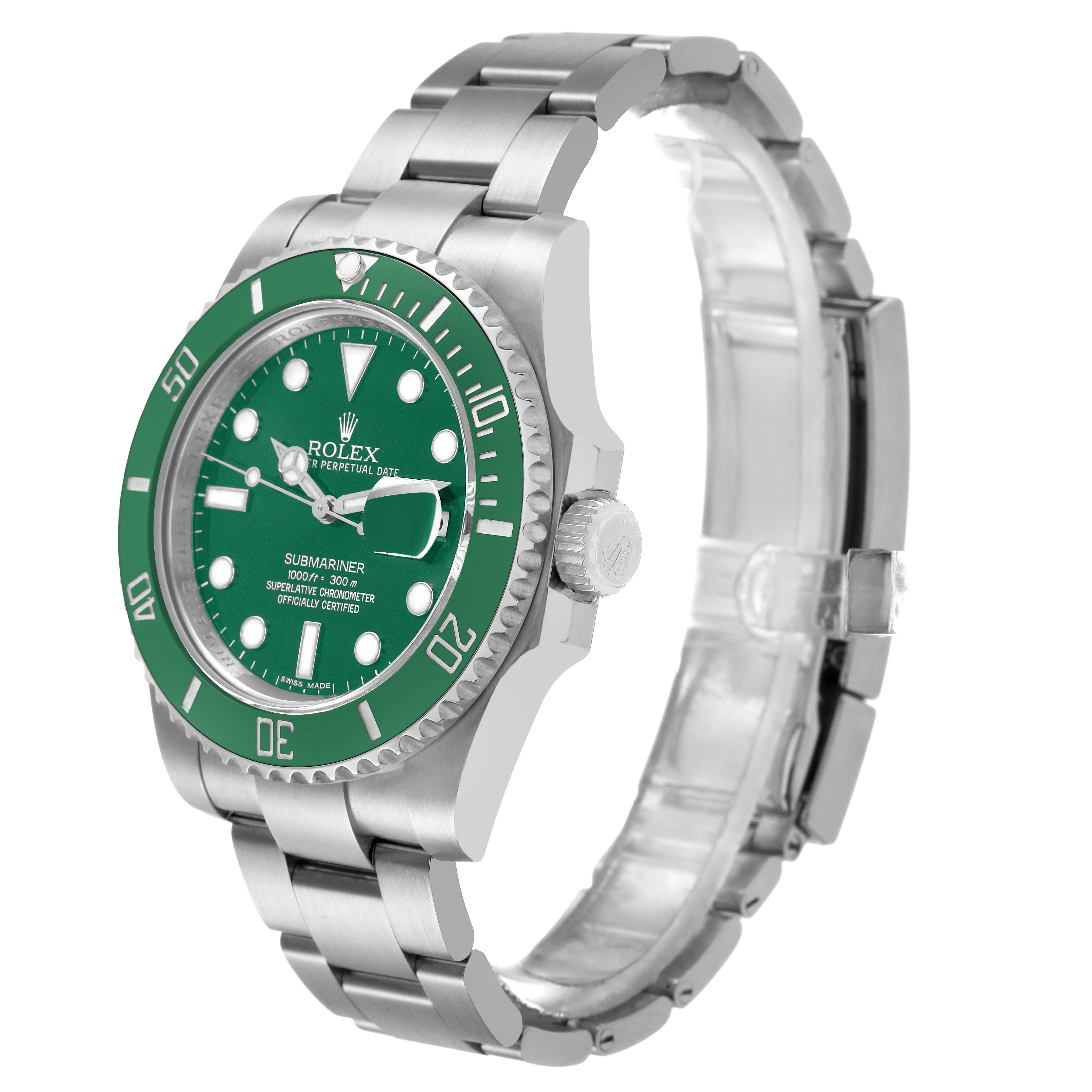 The Rolex Submariner 116610LV Men's Stainless Steel Green Dial watch is shown at a three-quarter angle, displaying the face, bezel, crown, and bracelet.