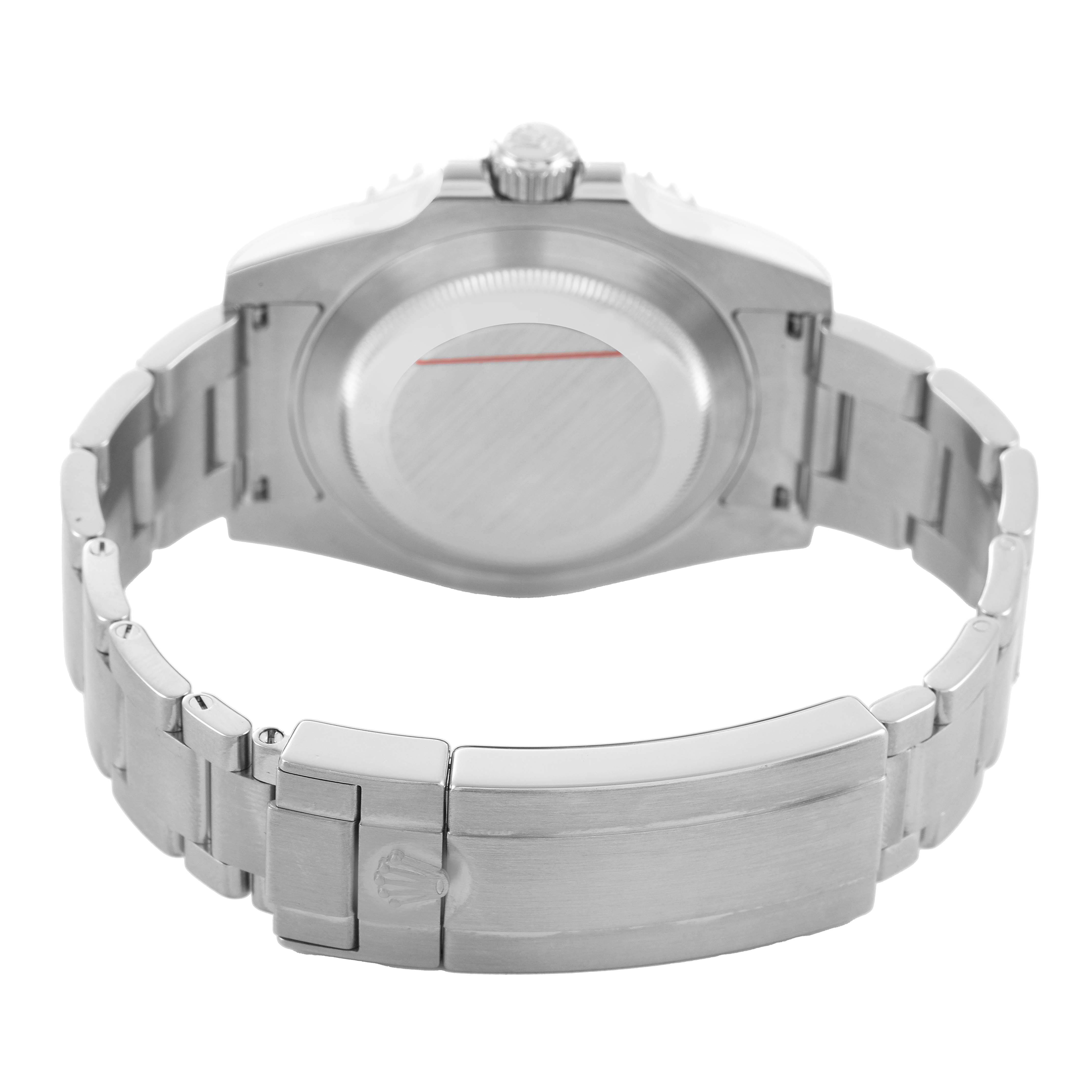 The image shows the back view of a Rolex Submariner 116610LV Men's Stainless Steel Green Dial, highlighting its case back, crown, and bracelet clasp.
