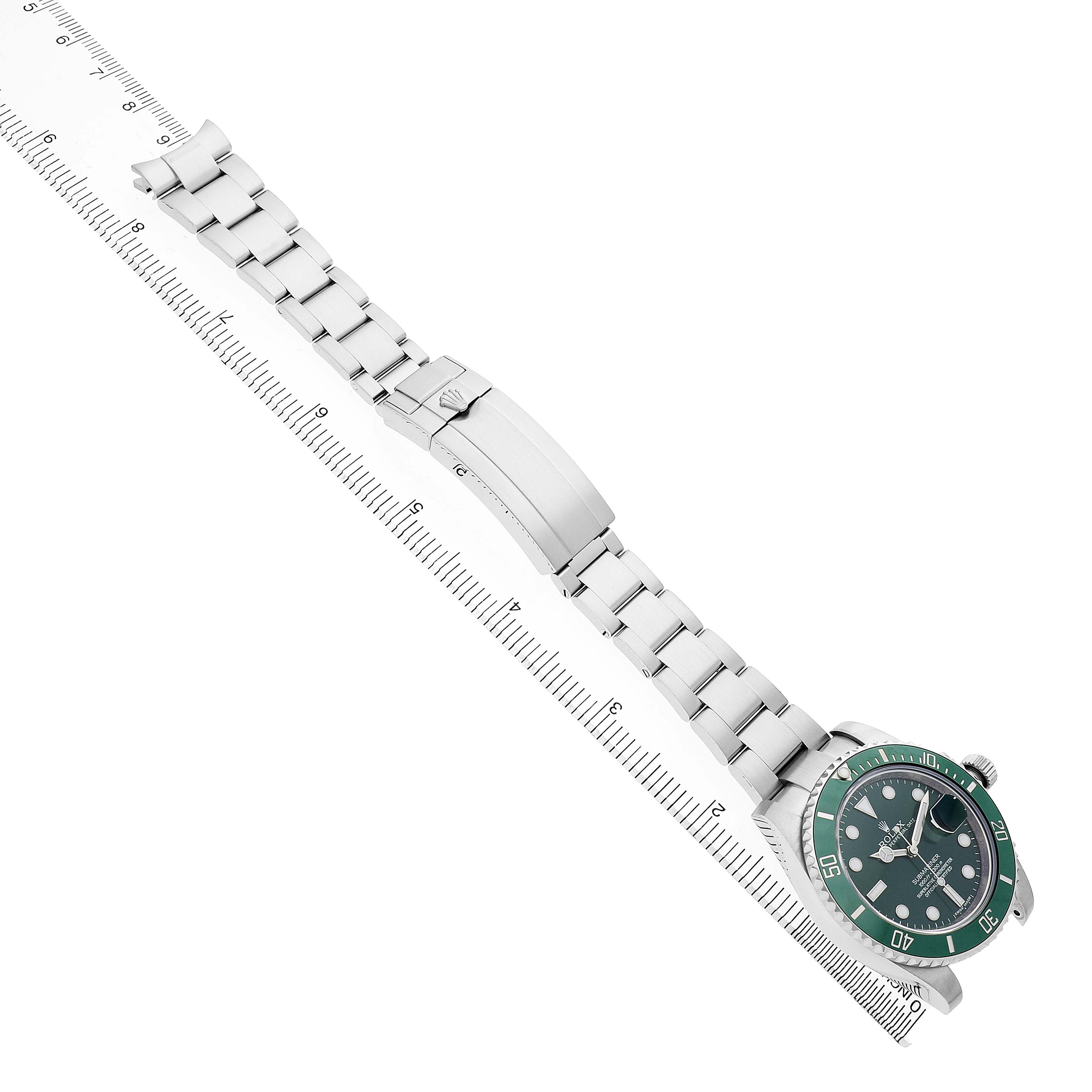 The Rolex Submariner 116610LV Men's Stainless Steel Green Dial watch is shown from an angled top view, highlighting the green bezel, bracelet, and clasp.