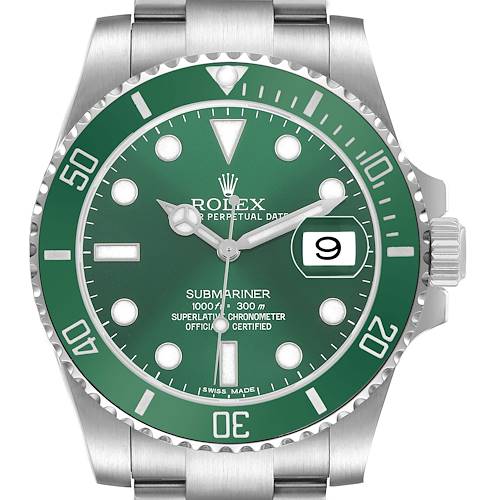 The Rolex Submariner 116610LV Men's Stainless Steel Green Dial watch is shown from a front angle, displaying the green dial, bezel, and bracelet.