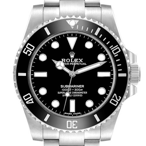 The Rolex Submariner 114060 Men's Stainless Steel Black Dial watch is shown from a front angle, displaying the entire dial, bezel, crown, and part of the bracelet.