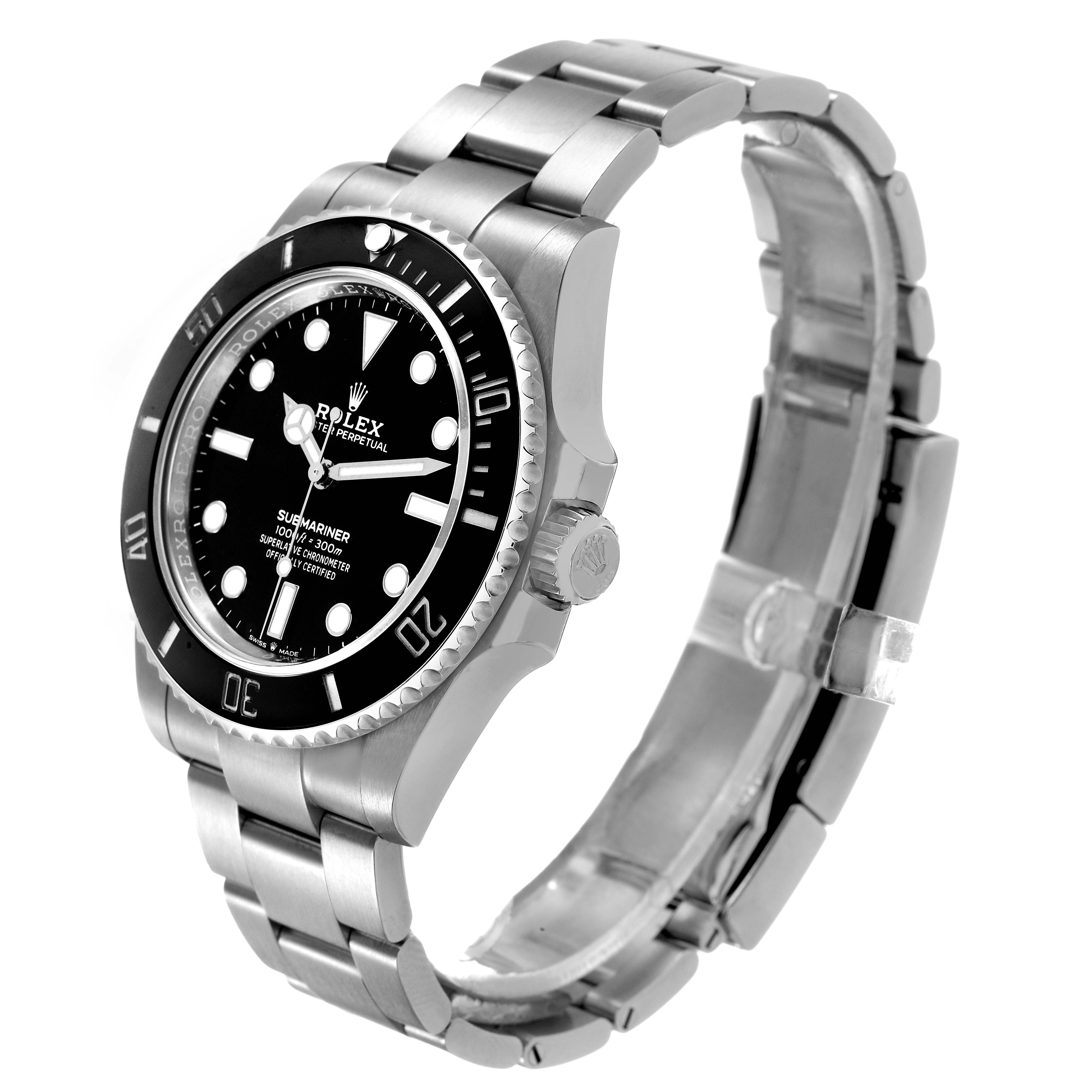 The Rolex Submariner M124060-0001 Men's Stainless Steel Black Dial watch is shown at an angle highlighting the dial, bezel, case, and partial bracelet.