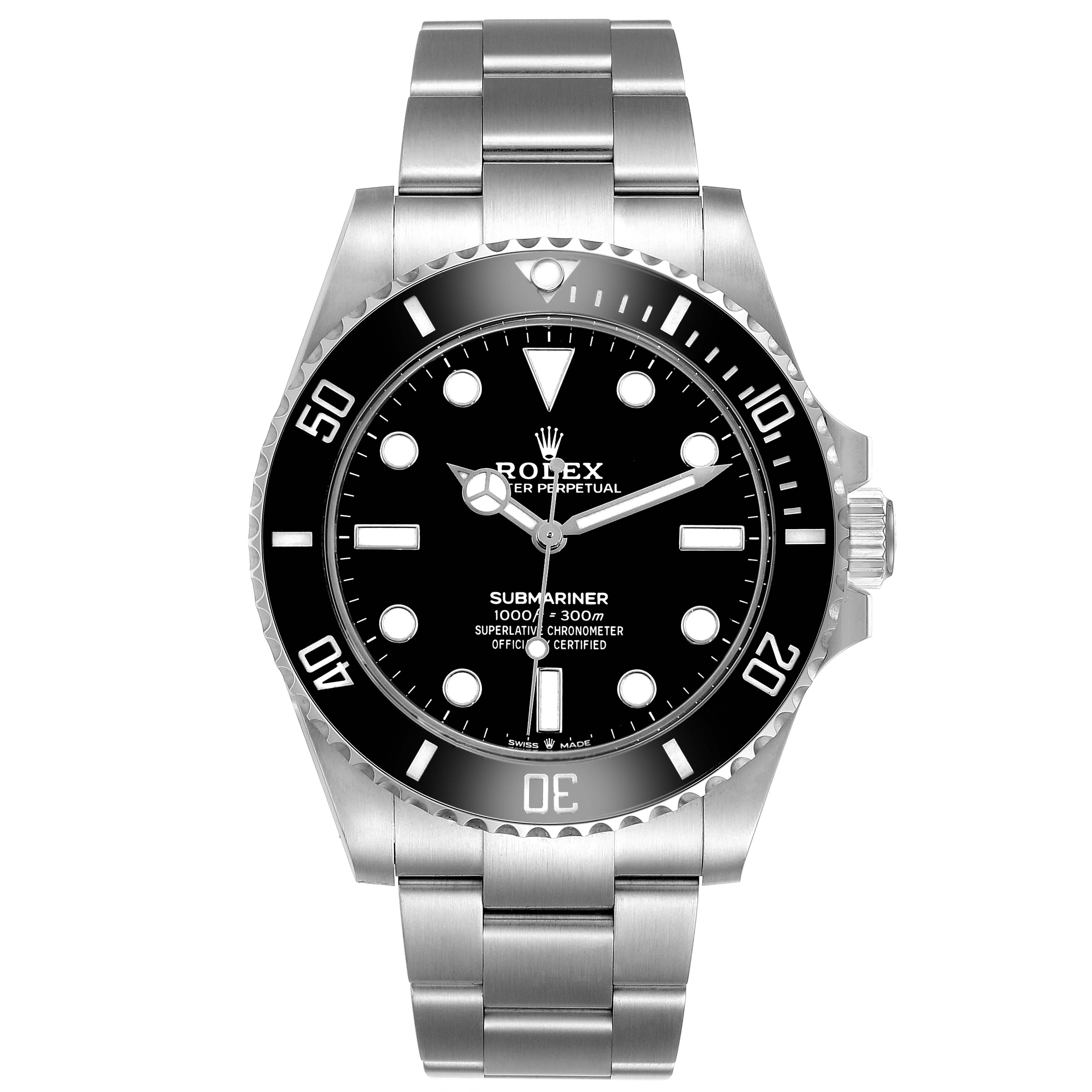The Rolex Submariner M124060-0001 Men's Stainless Steel Black Dial watch is shown from a front angle displaying the dial, bezel, and bracelet.