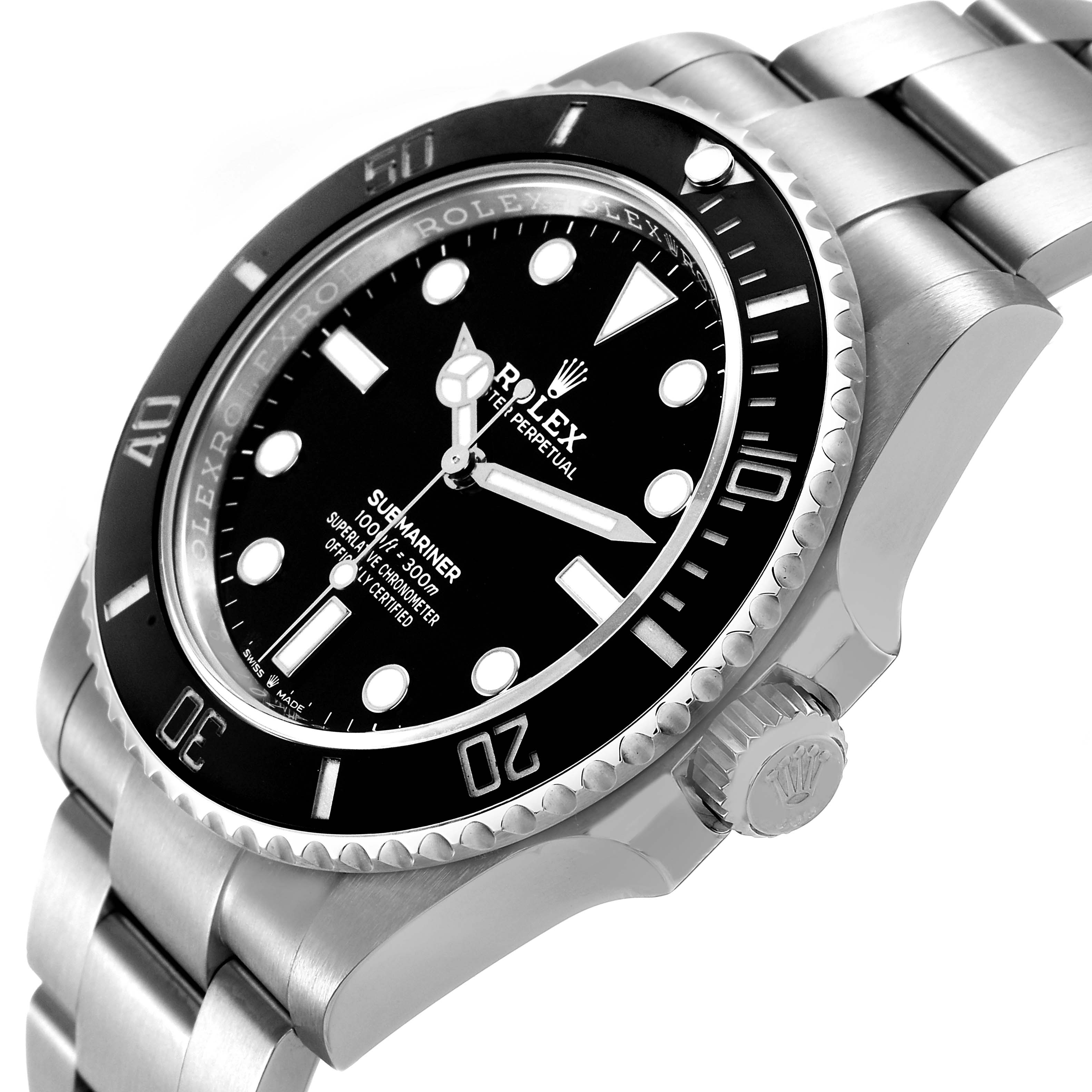 The Rolex Submariner M124060-0001 Men's Stainless Steel Black Dial watch is shown at an angled side view, highlighting the bezel, crown, and stainless steel bracelet.