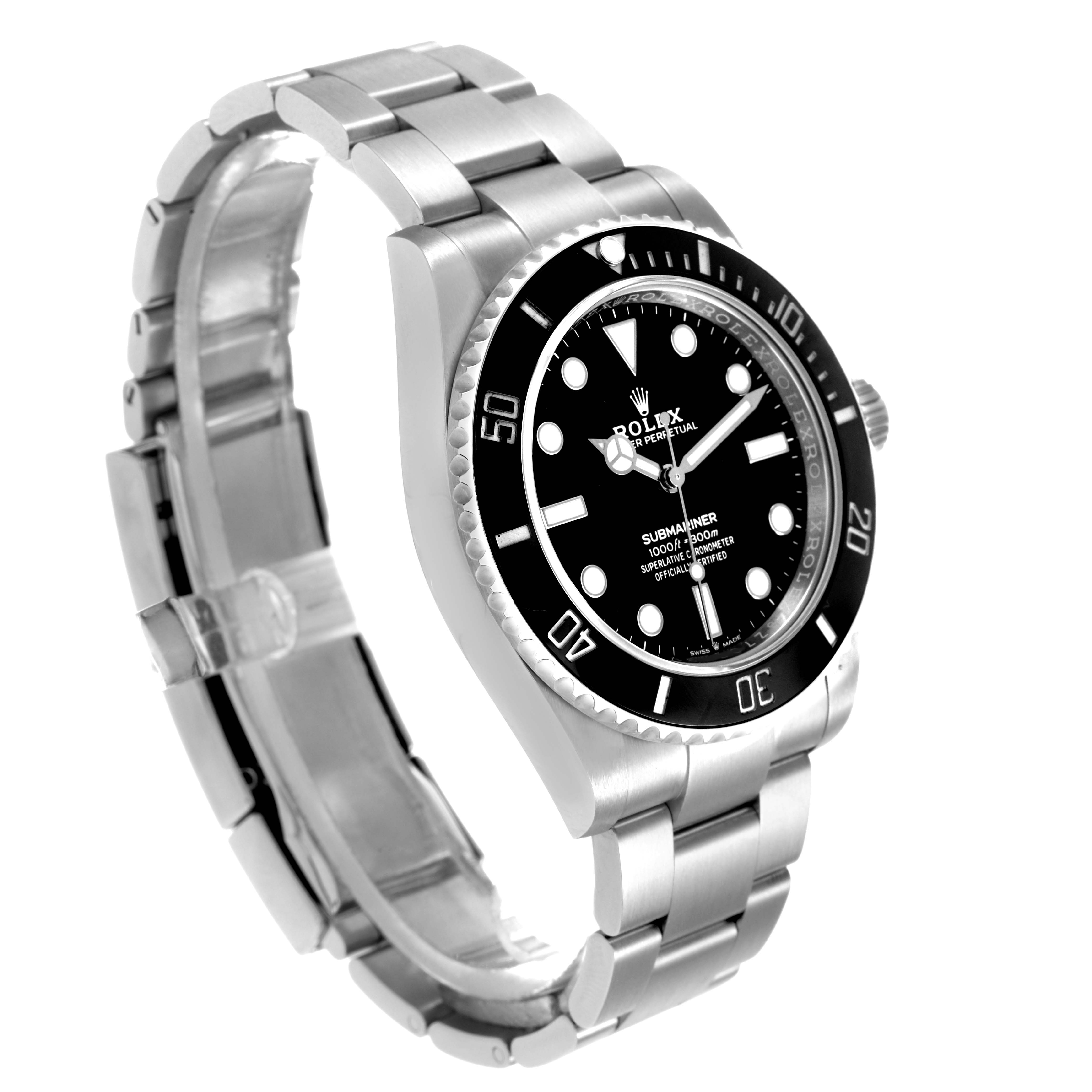 The image shows a Rolex Submariner M124060-0001 Men's Stainless Steel Black Dial watch at a three-quarter angle, highlighting the dial, bezel, and bracelet.