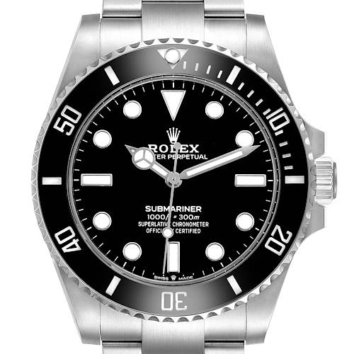 The image shows a frontal view of the Rolex Submariner M124060-0001 Men's Stainless Steel Black Dial, highlighting the dial, bezel, and crown.