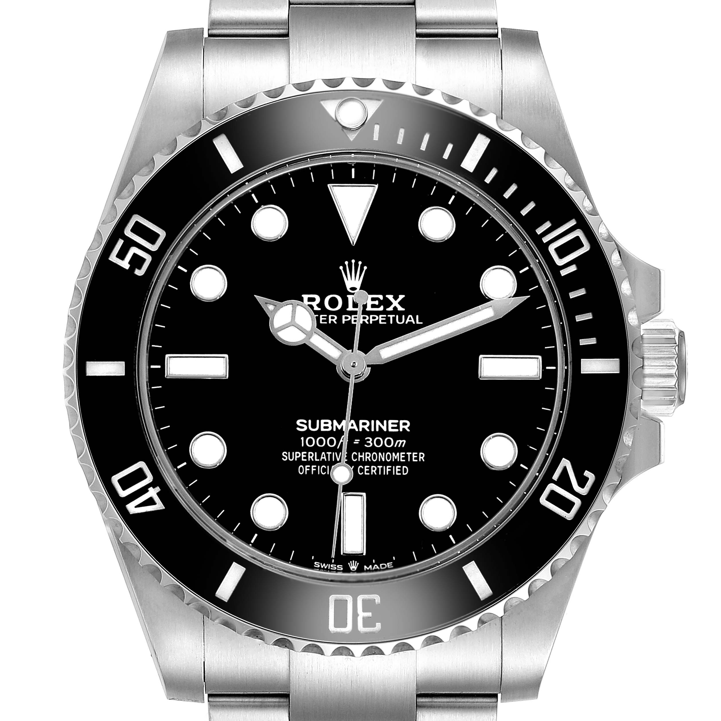 The Rolex Submariner M124060-0001 Men's Stainless Steel Black Dial watch is shown from a front angle, displaying the dial, bezel, and crown.