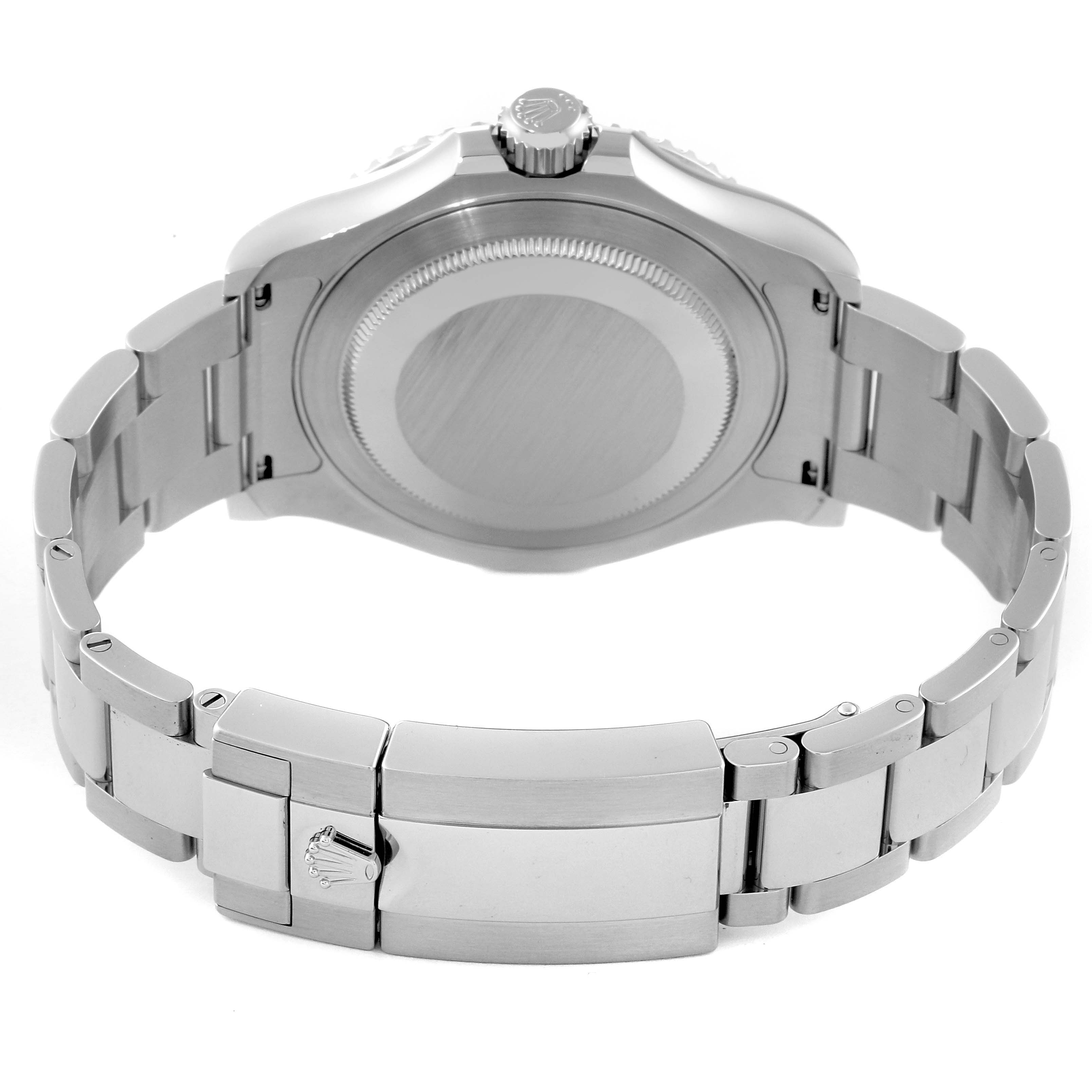 The image shows the back case, crown, and bracelet clasp of a Rolex Yacht-Master 116622 Men's Stainless Steel Blue Dial 116622 Men's Stainless Steel Blue Dial watch from a rear angle.