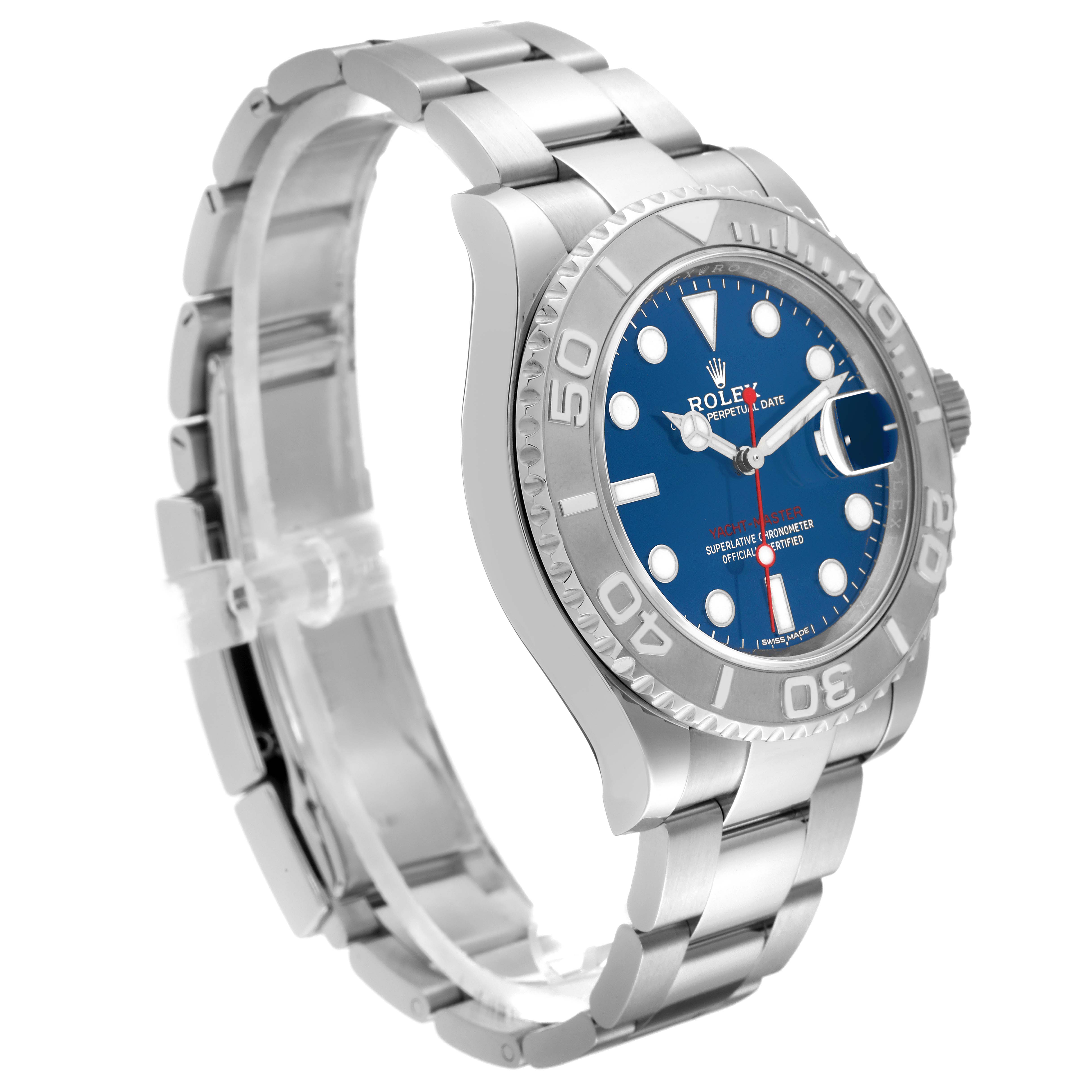 The Rolex Yacht-Master 116622 Men's Stainless Steel Blue Dial 116622 Men's Stainless Steel Blue Dial watch is shown at an angle highlighting its blue dial, bracelet, and rotating bezel.