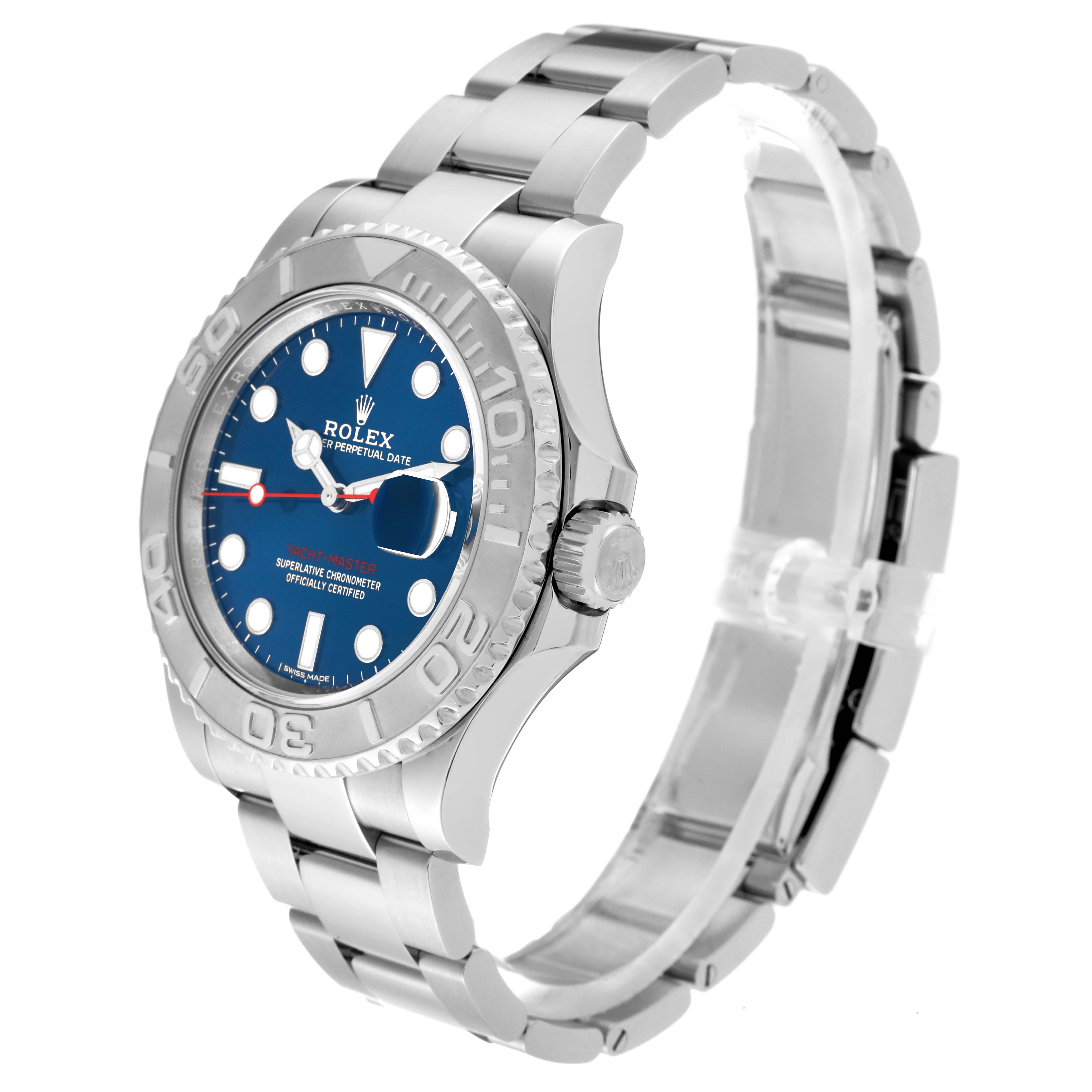 The Rolex Yacht-Master 116622 Men's Stainless Steel Blue Dial 116622 Men's Stainless Steel Blue Dial watch is shown from a front-side angle, displaying the bezel, crown, dial, and bracelet.