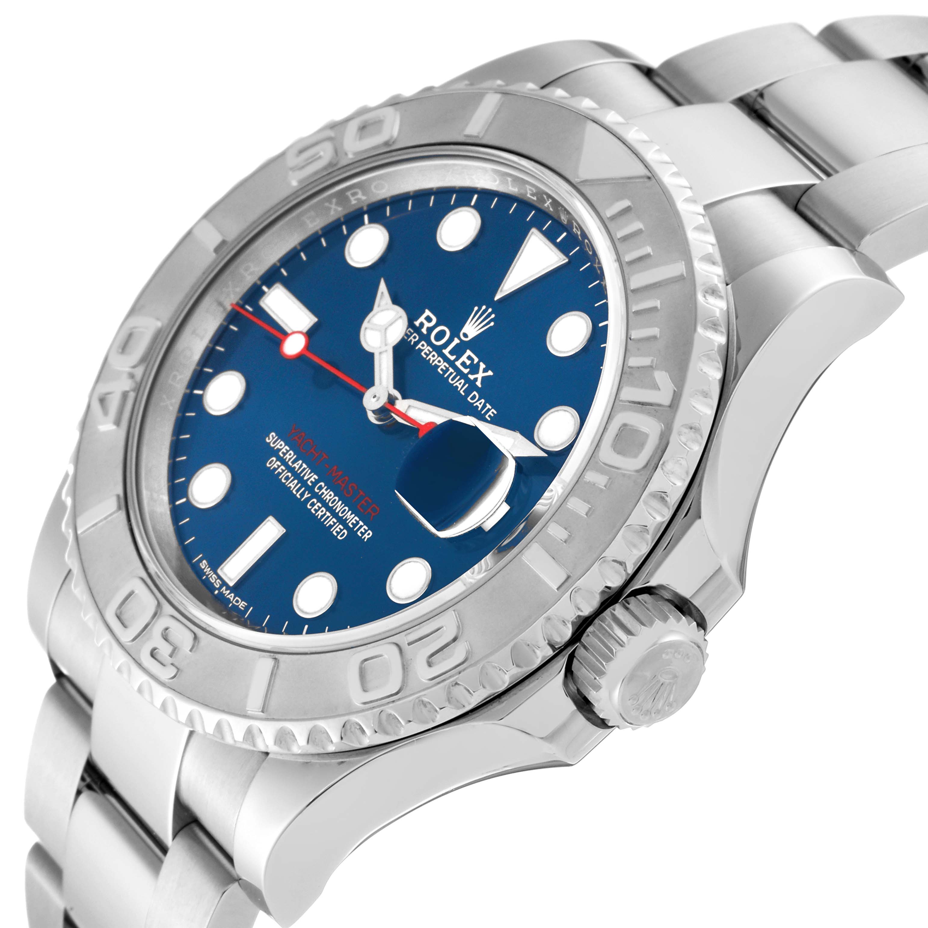 The image shows a Rolex Yacht-Master 116622 Men's Stainless Steel Blue Dial 116622 Men's Stainless Steel Blue Dial watch with a blue dial, silver bezel, and stainless steel bracelet from an angled side view.