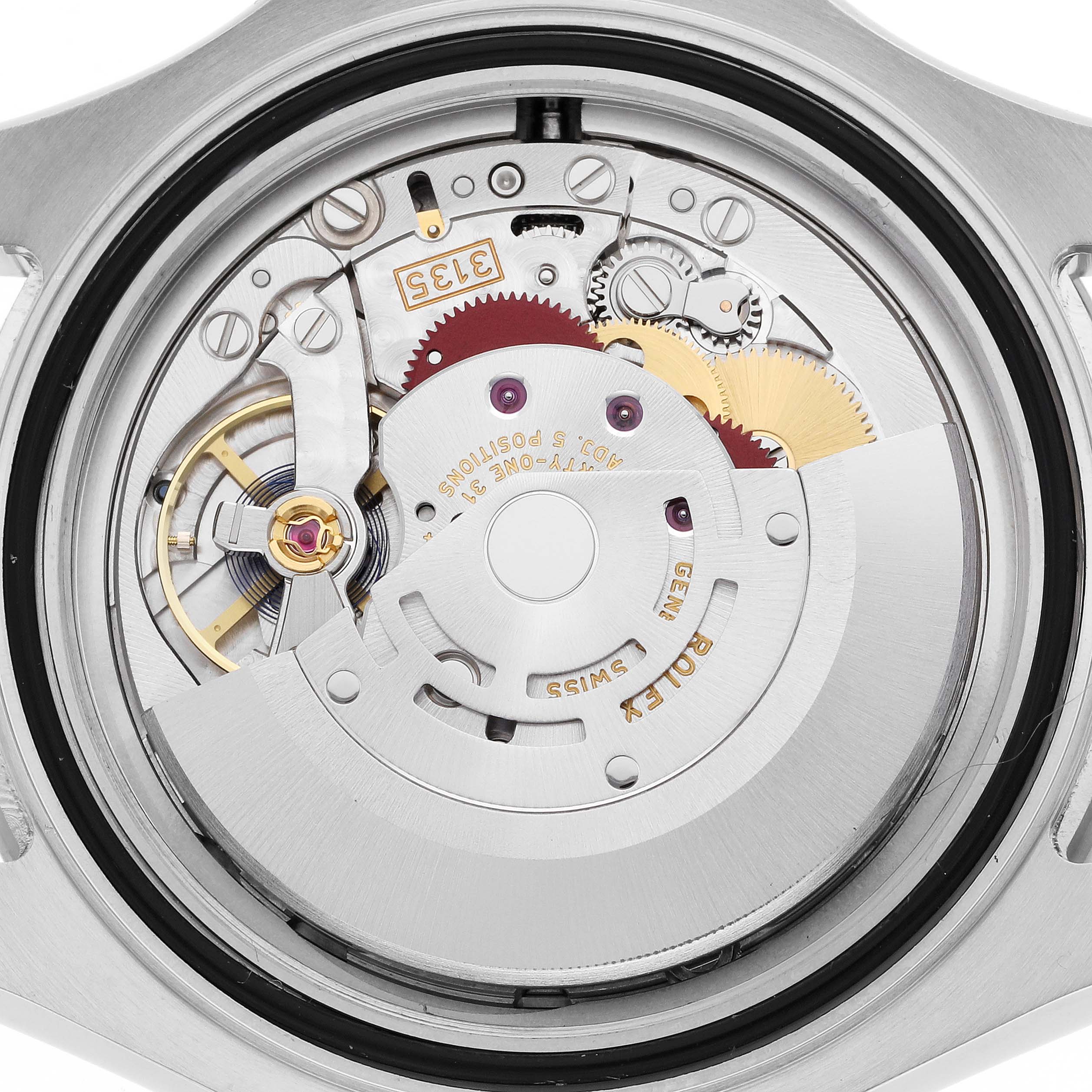 The image shows the intricate movement mechanism of a Rolex Yacht-Master 116622 Men's Stainless Steel Blue Dial 116622 Men's Stainless Steel Blue Dial watch, viewed from the back.