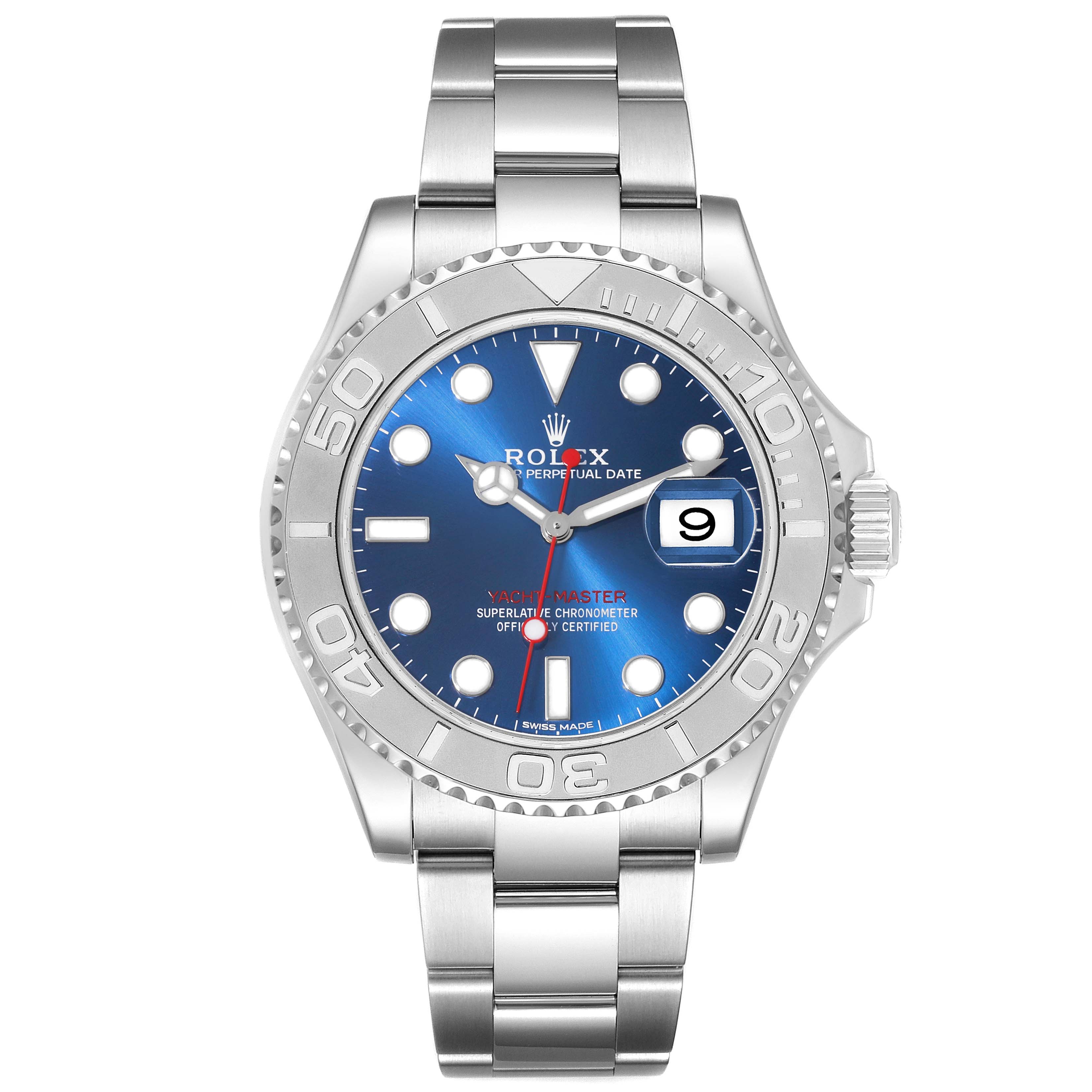 The image shows a front view of a Rolex Yacht-Master 116622 Men's Stainless Steel Blue Dial 116622 Men's Stainless Steel Blue Dial watch, displaying its blue dial, bezel, and metal bracelet.